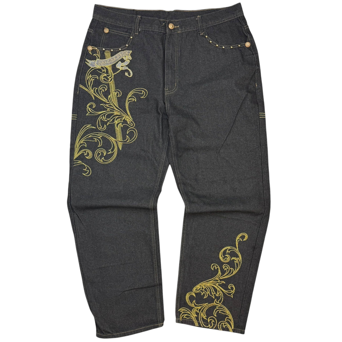 Vintage Y2K Embroidered Raw Denim Jeans Black