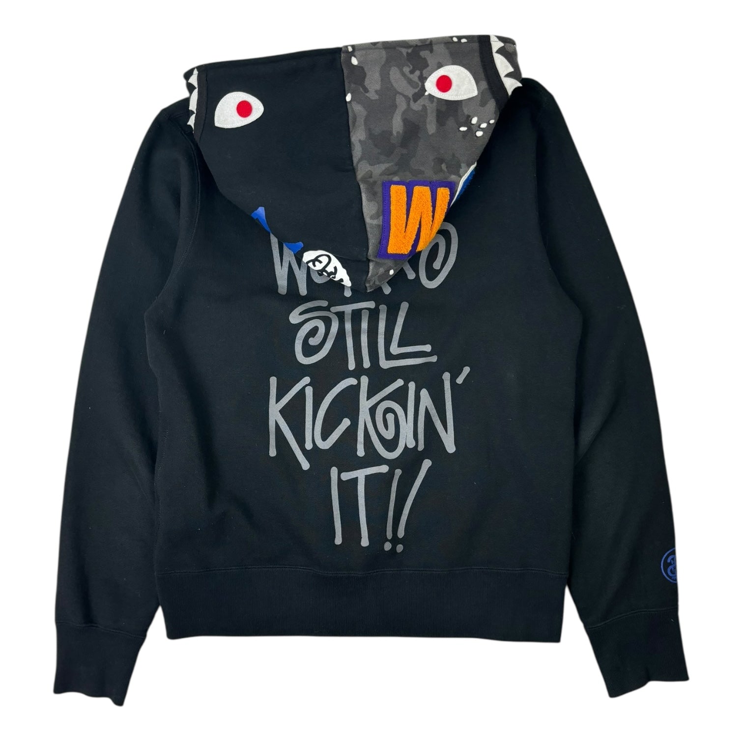 Stussy x BAPE Full-Zip Shark Face “Busy Works Still Kickin’ It!!” Hoodie Black
