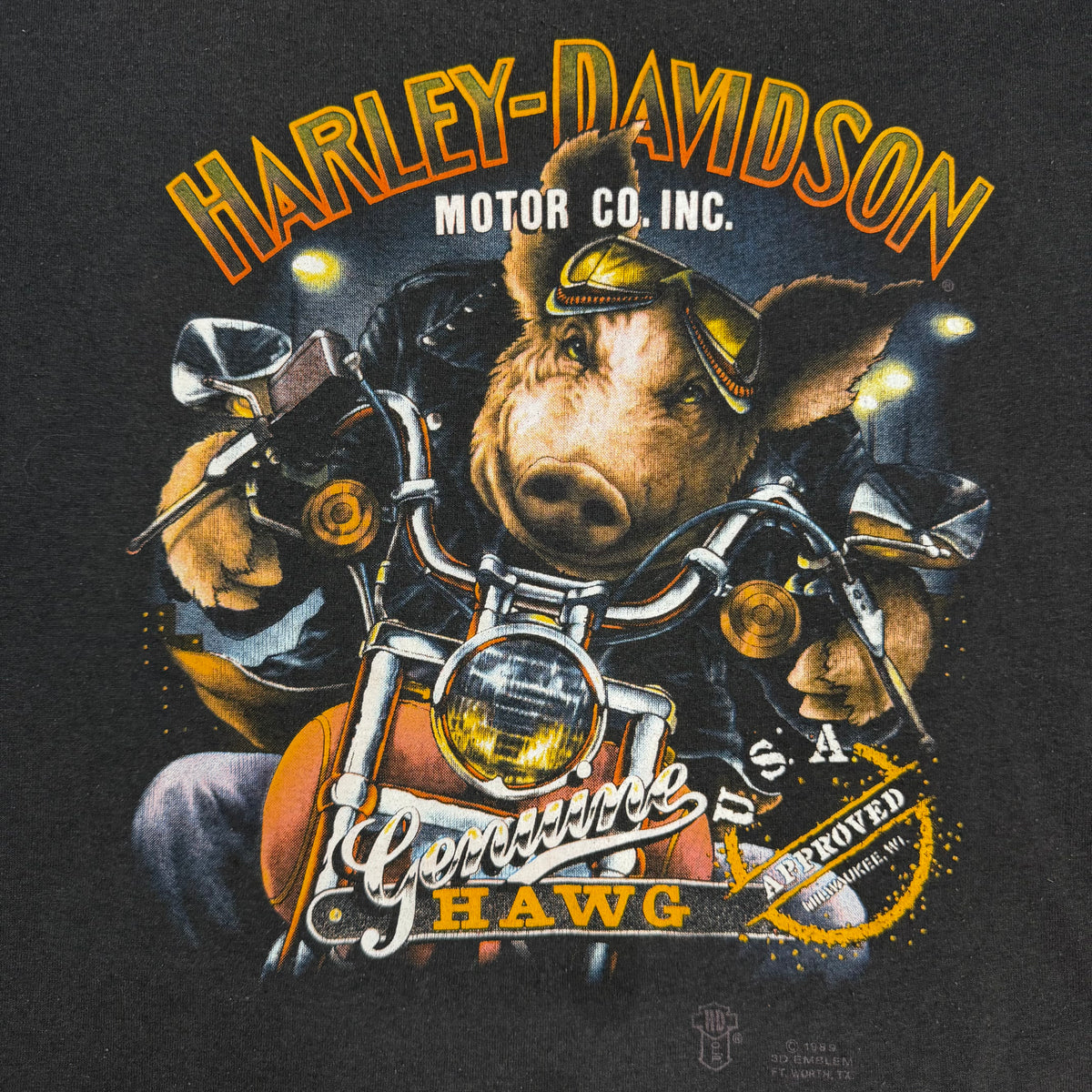 1989 Harley Davidson 3D Emblem Genuine Hawg Tee Faded Black