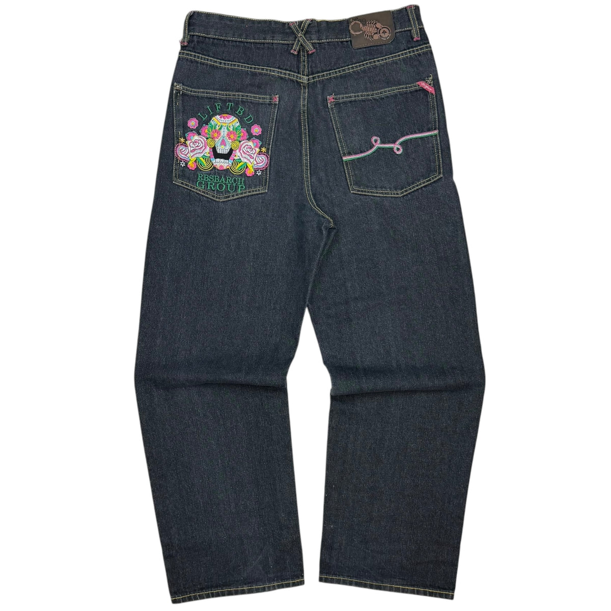 Vintage LRG Embroidered Sugar Skull Raw Denim Jeans Indigo