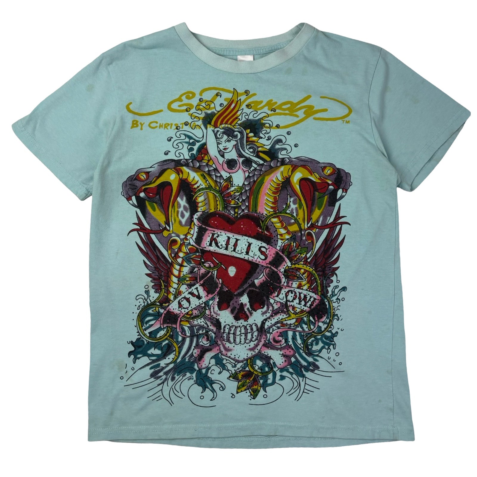 Y2K Ed Hardy Mermaid Rhinestone T-Shirt Blue Aqua