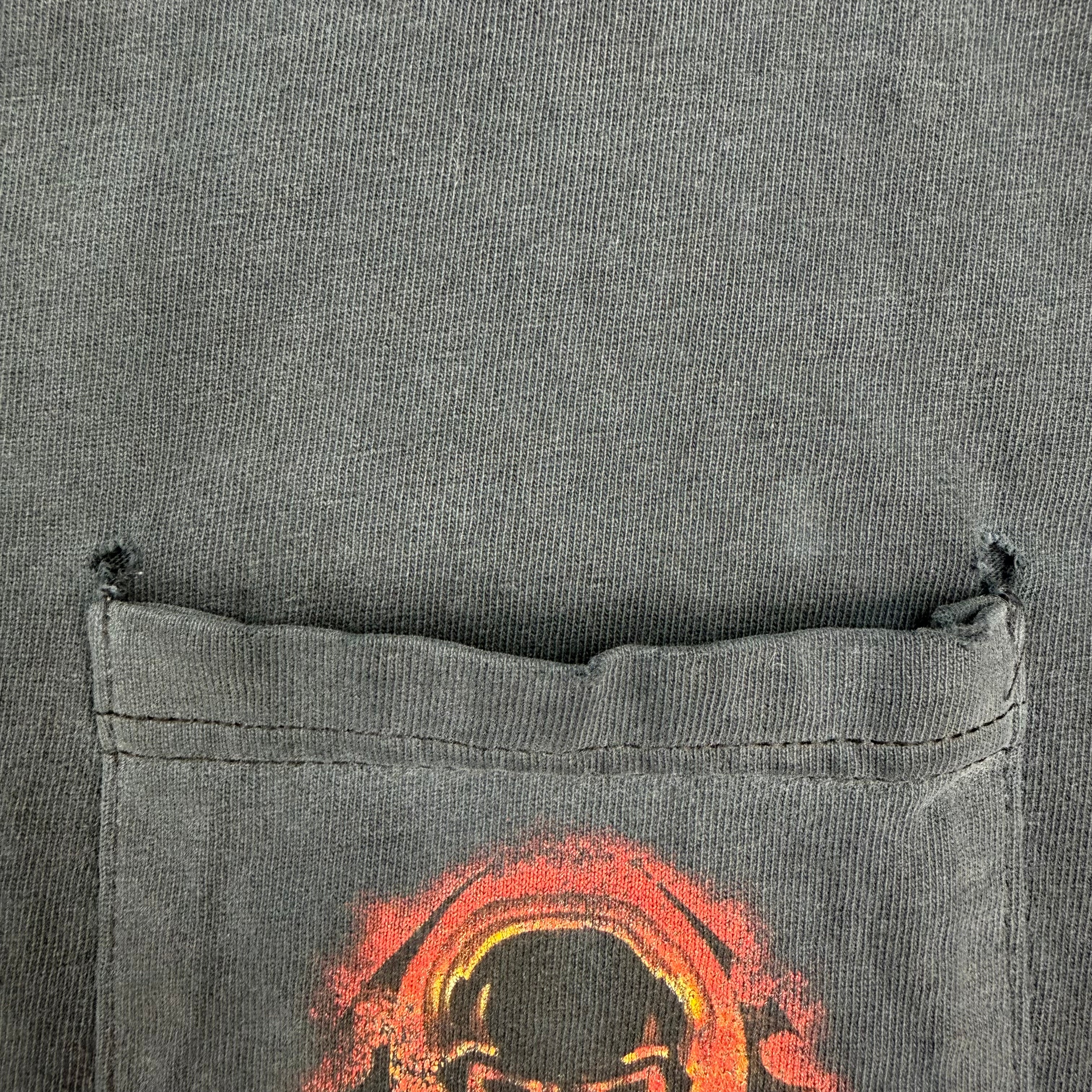 2003 Harley Davidson Gasoline Alley Flaming Skull Pocket Tee Faded Black