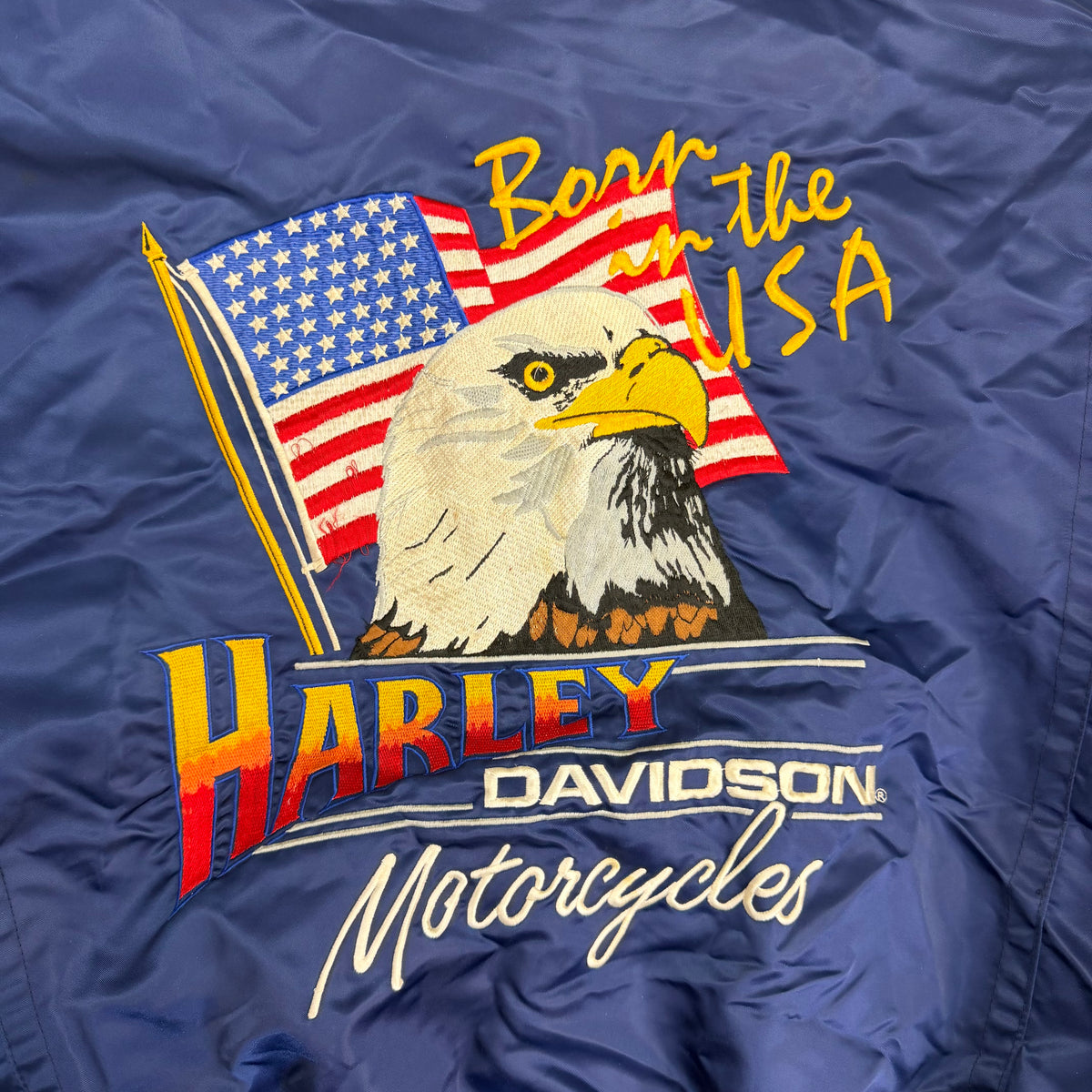 Vintage 80s Harley Davidson Born In The USA Eagle Embroidered Satin Jacket Navy