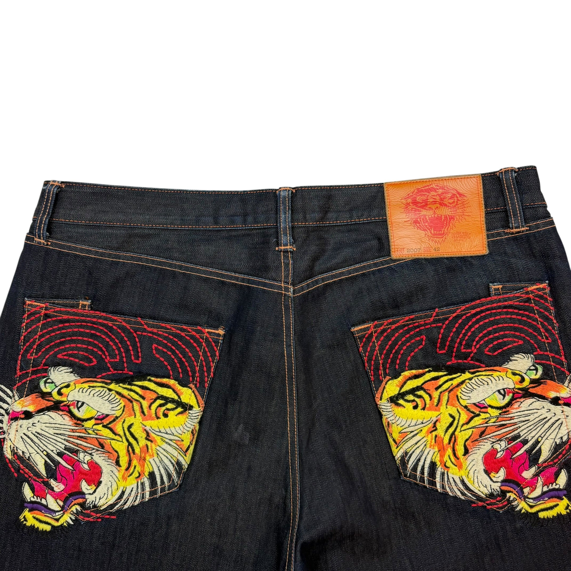Vintage Ed Hardy Embroidered Raw Denim Jeans Indigo