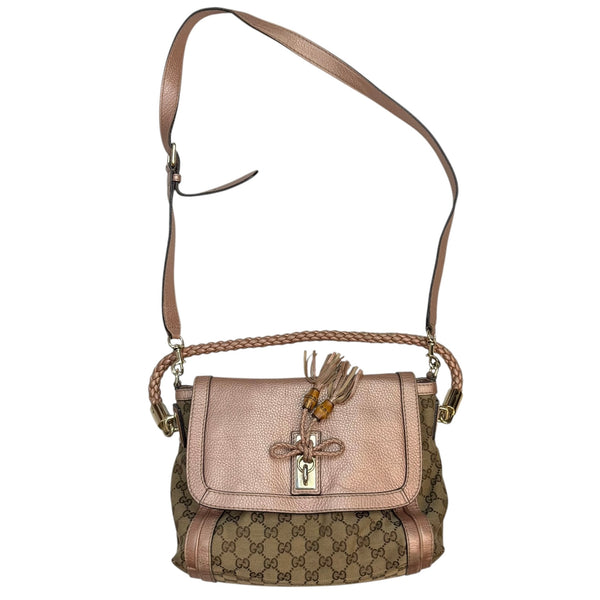 (W) Gucci GG Canvas Bella Flap Satchel Bag Beige/Pink