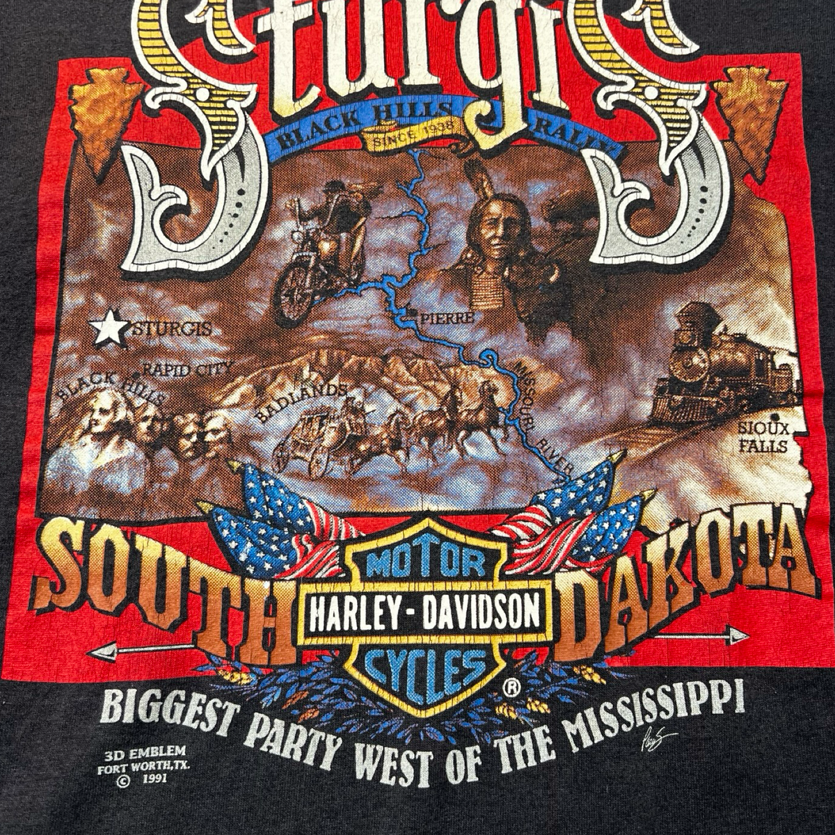 1991 Harley Davidson 3D Emblem Sturgis South Dakota T-Shirt Black