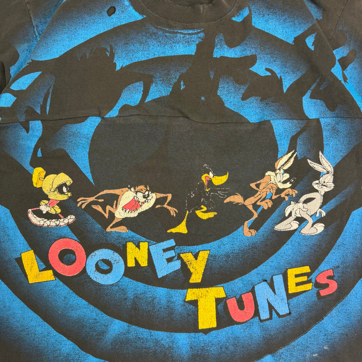 1992 Looney Tunes All Over Print Distressed Tee Faded Black/Blue