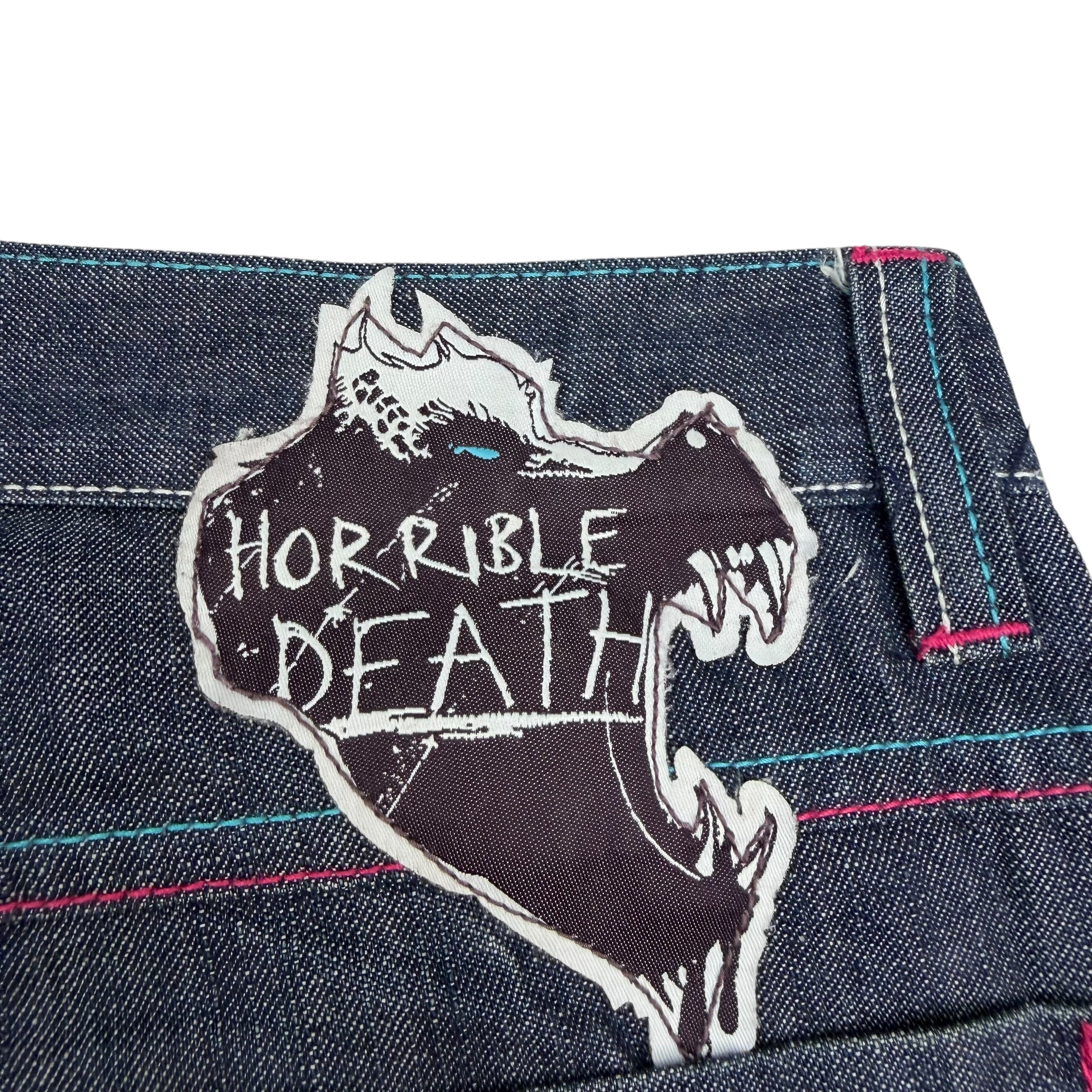 Vintage Artful Dodger “Horrible Death” Embroidered Raw Denim Jeans Indigo