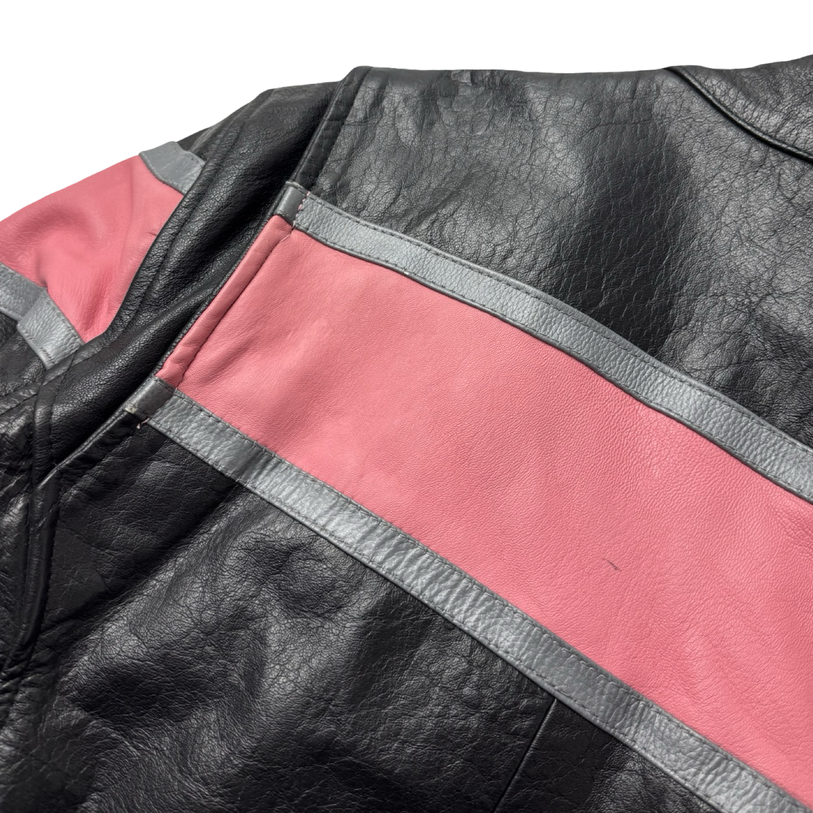 (W) Vintage Striped Pink Black Leather Biker Jacket