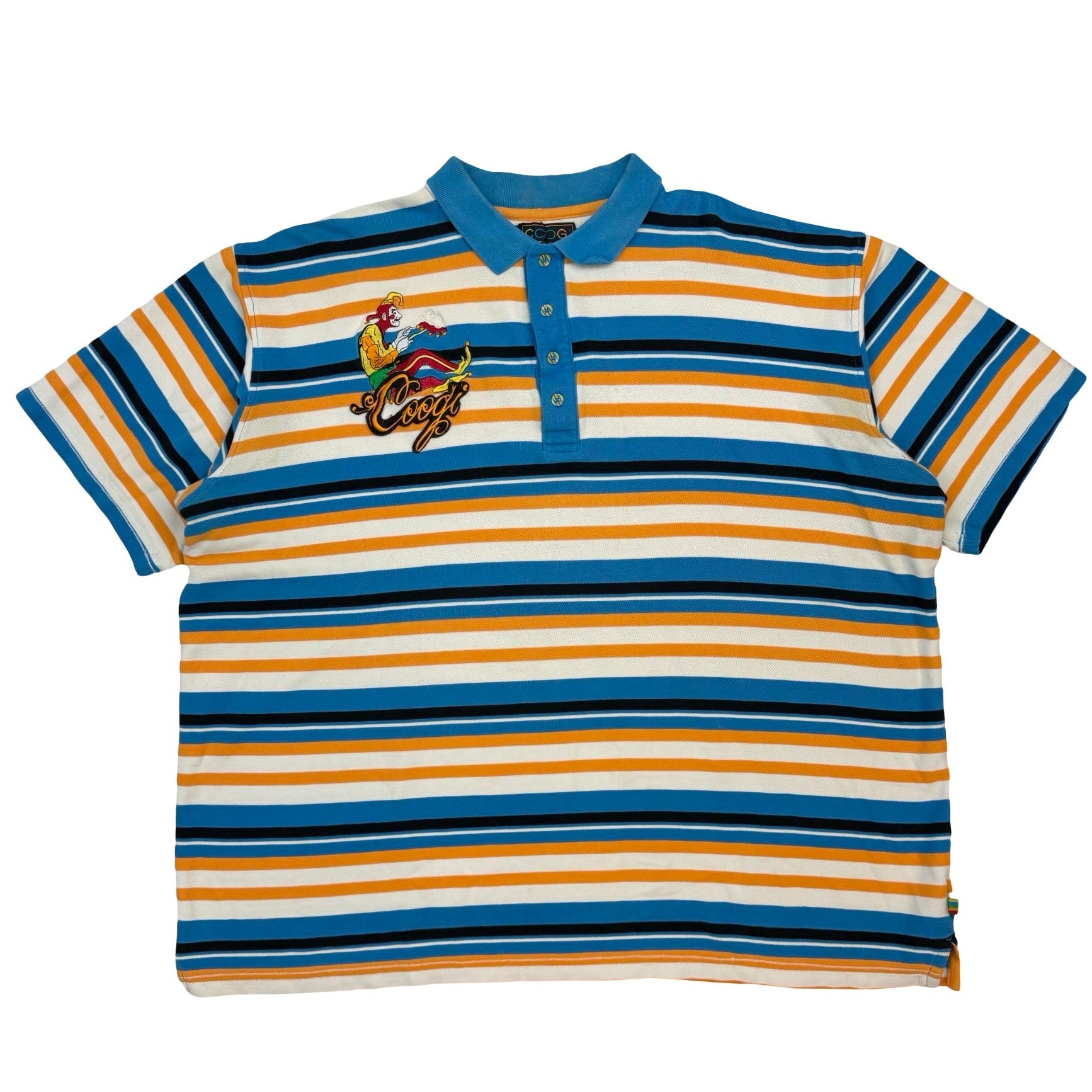 Vintage Coogi Embroidered Jester Striped Button Up Polo Shirt Blue/Yellow