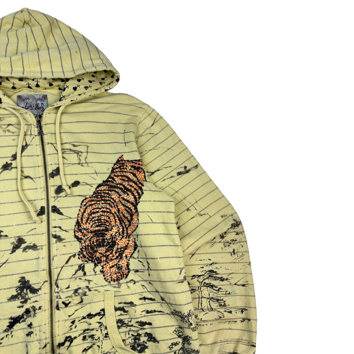 Vintage Y2K Bedazzled Tiger Striped Zip Up Hoodie Soft Yellow