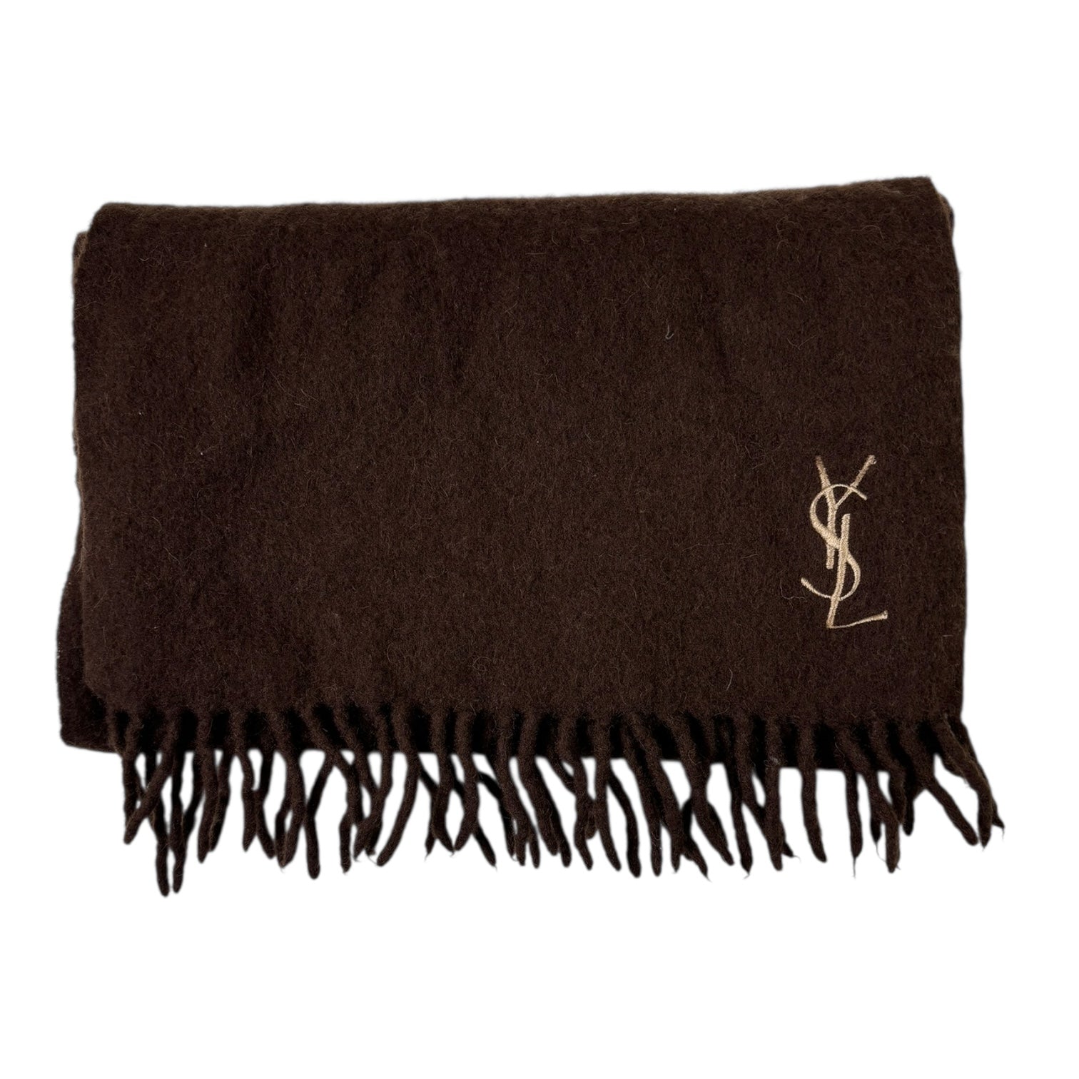 YSL Embroidered Wool Scarf Brown