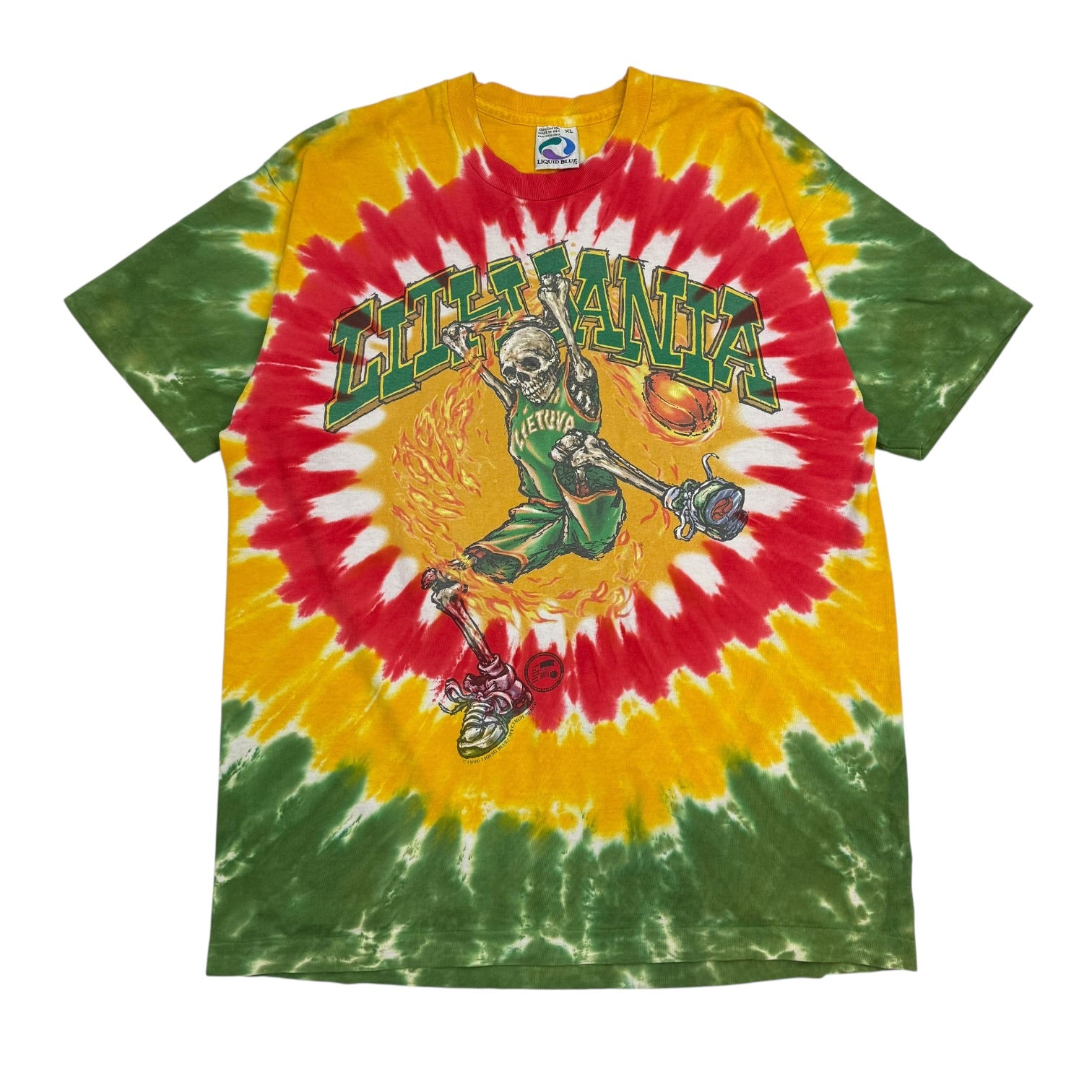1996 Liquid Blue Grateful Dead Lithuania Basketball Team Tie Dye Tee Green/Yellow/Red