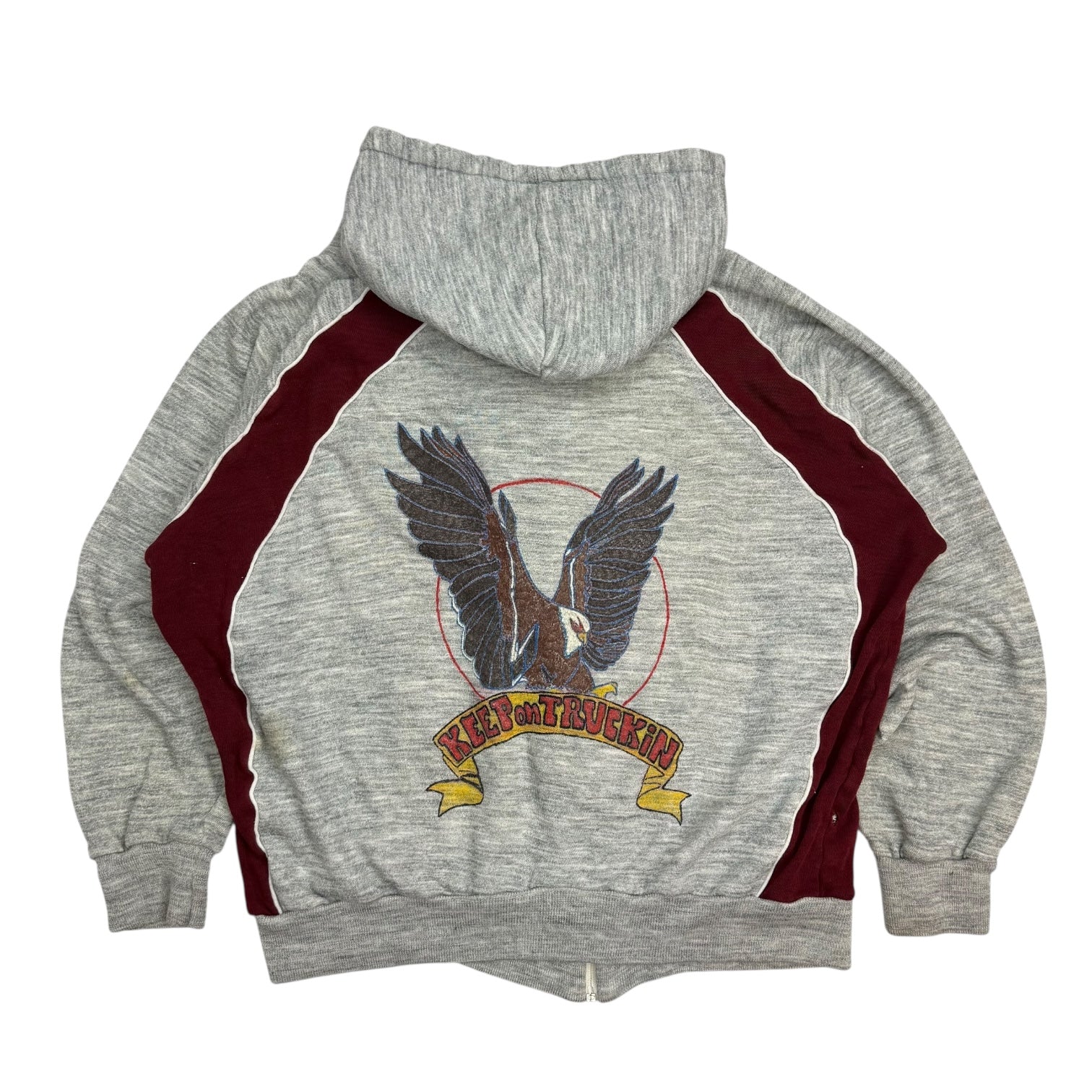 1980's "Keep on Trucking" Two Tone Zip Up Hoodie Heather Grey/Red