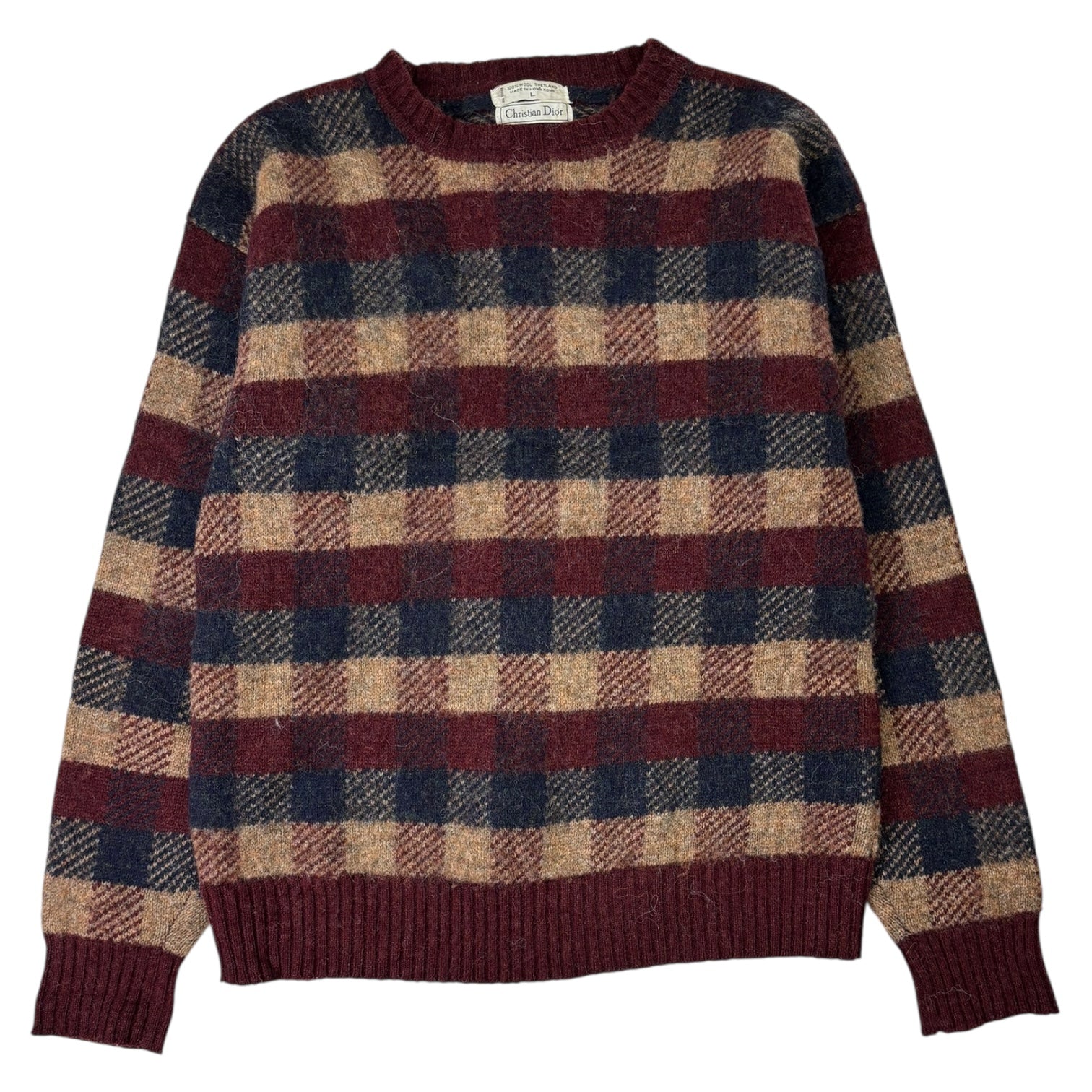 Vintage Christian Dior Wool Plaid Knit Sweater Burgundy