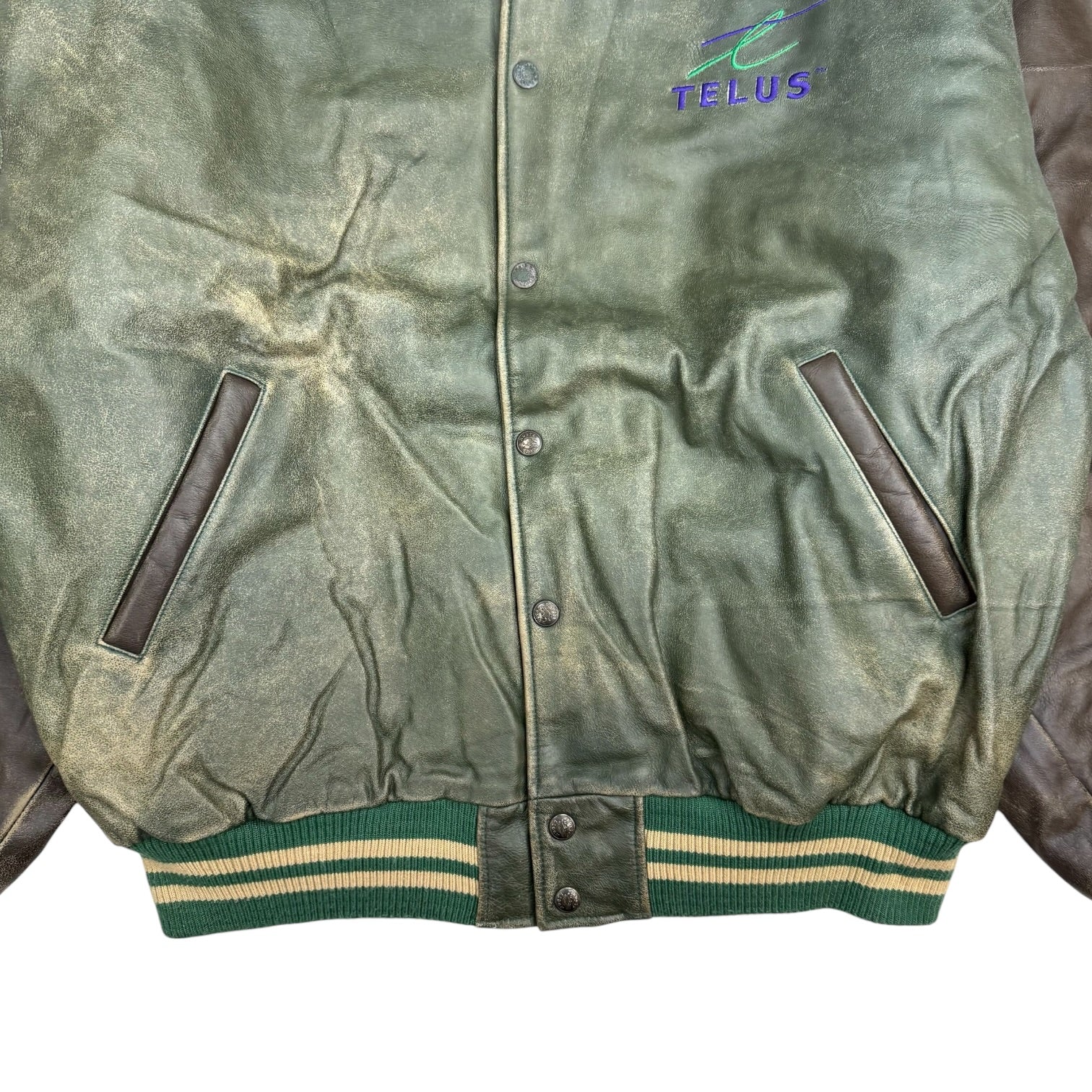 Vintage Roots Canada Telus Leather Bomber Jacket Green/Brown