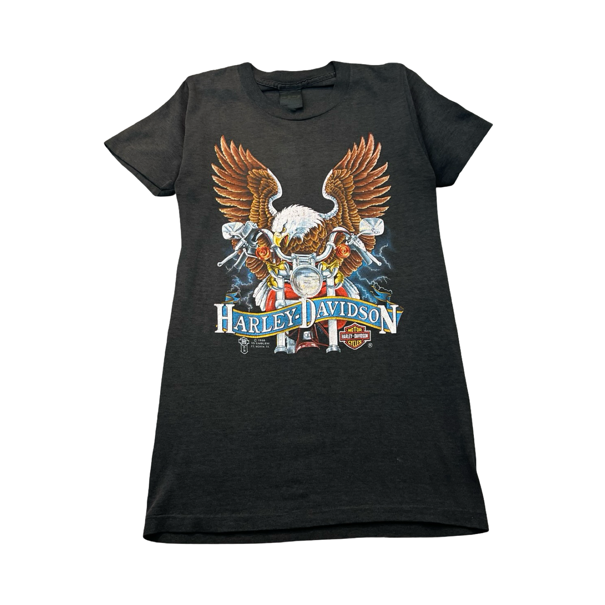 1986 Harley Davidson 3D Emblem Eagle Riding Motorcycle Tee Black