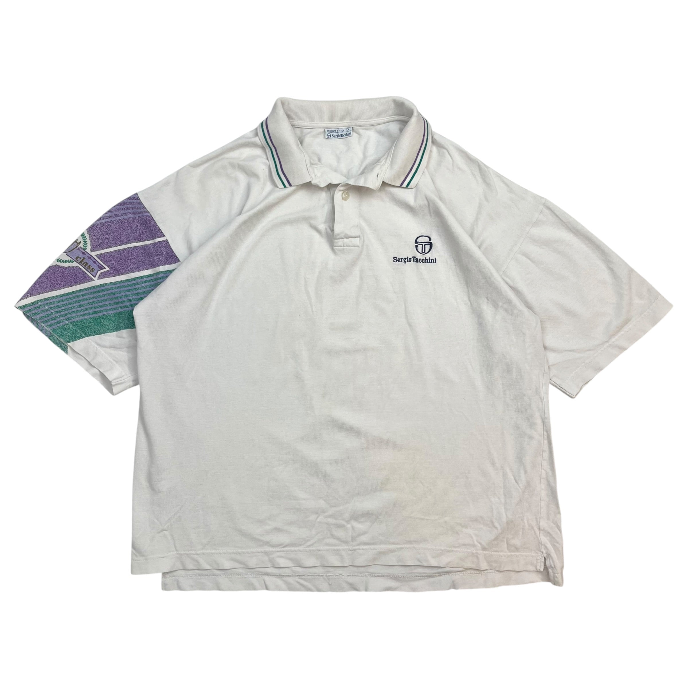 Vintage Sergio Tacchini Polo Shirt White/Green/Purple