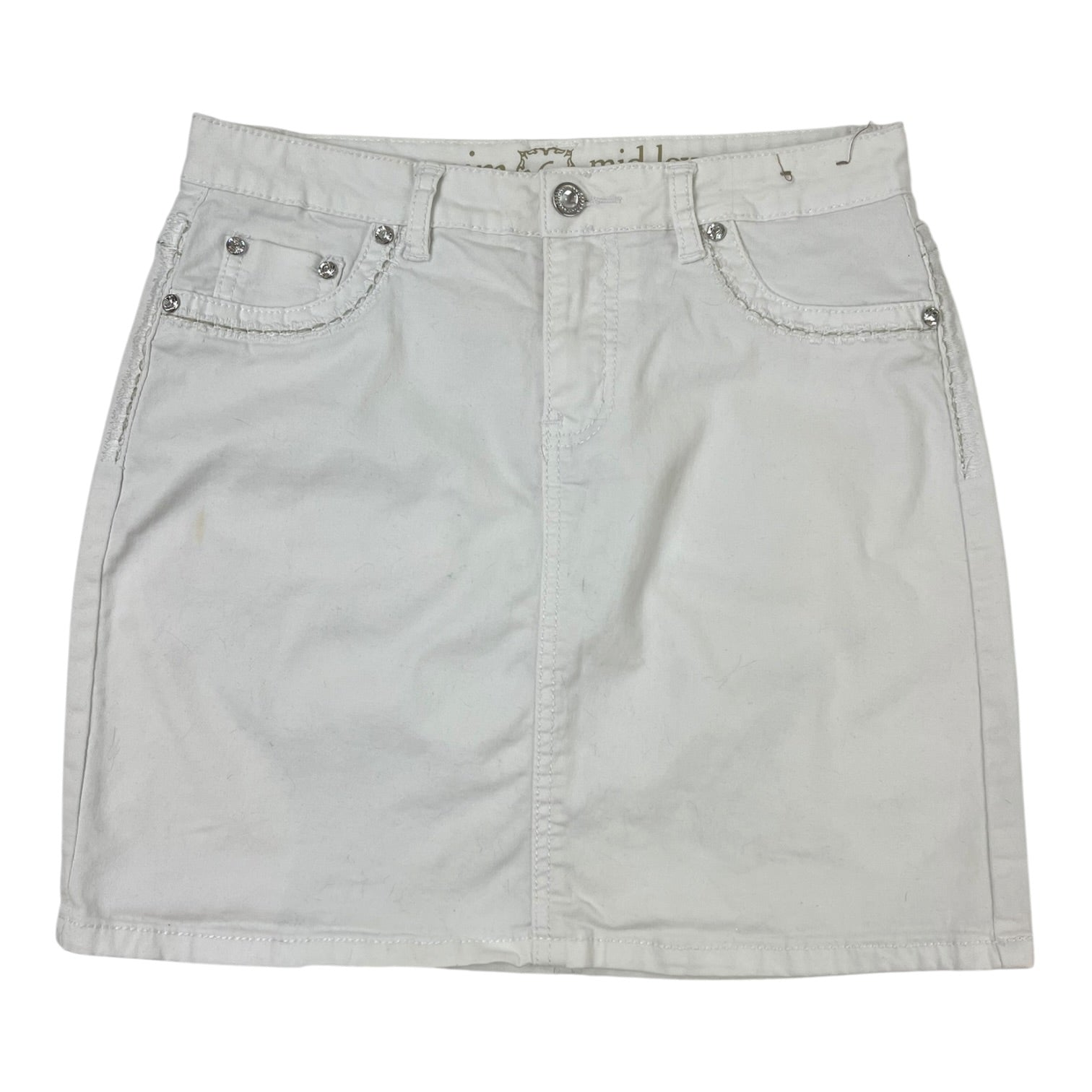 (W) Vintage Y2K Studded Embroidered Detailing Mid Low Denim Skirt White