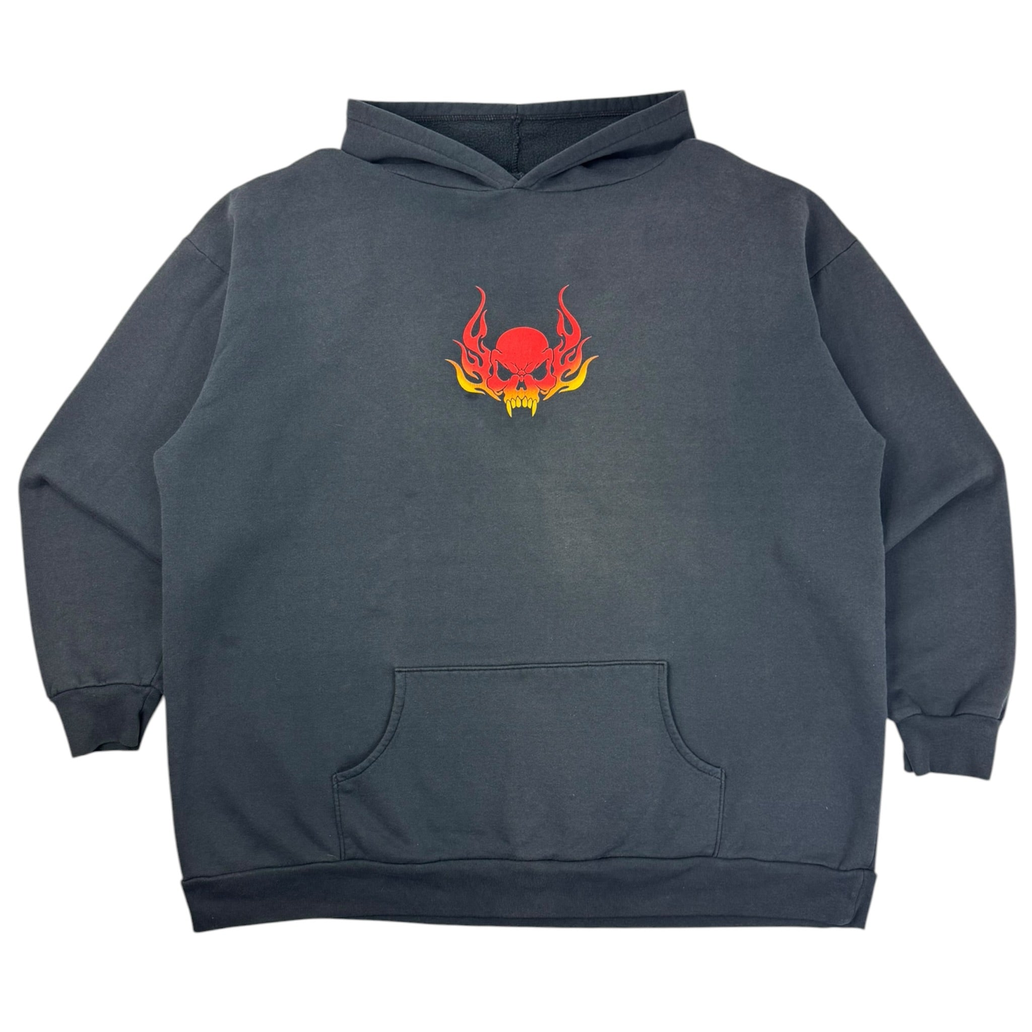 Vintage Y2K Flame Skull Hoodie Faded Black