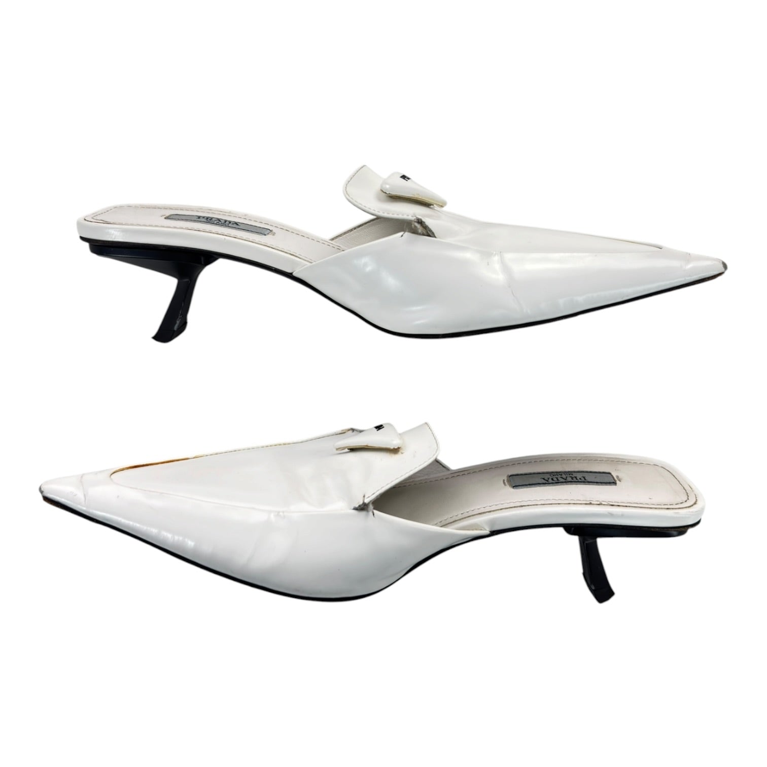 (W) Prada White Spazzolato Triangle Logo 55M Pointed Toe Mules Heels