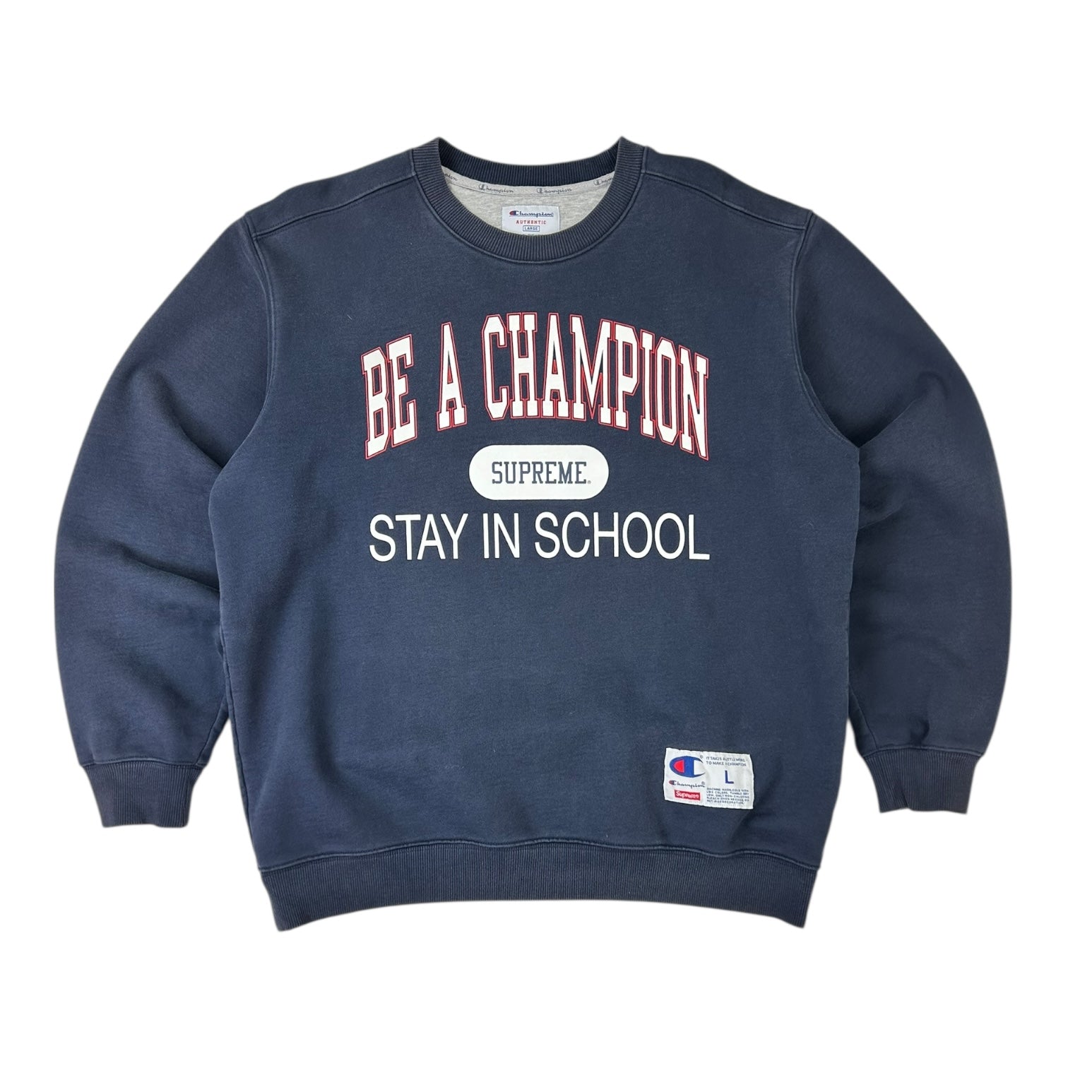 Supreme x Champion Stay In School Crewneck Navy