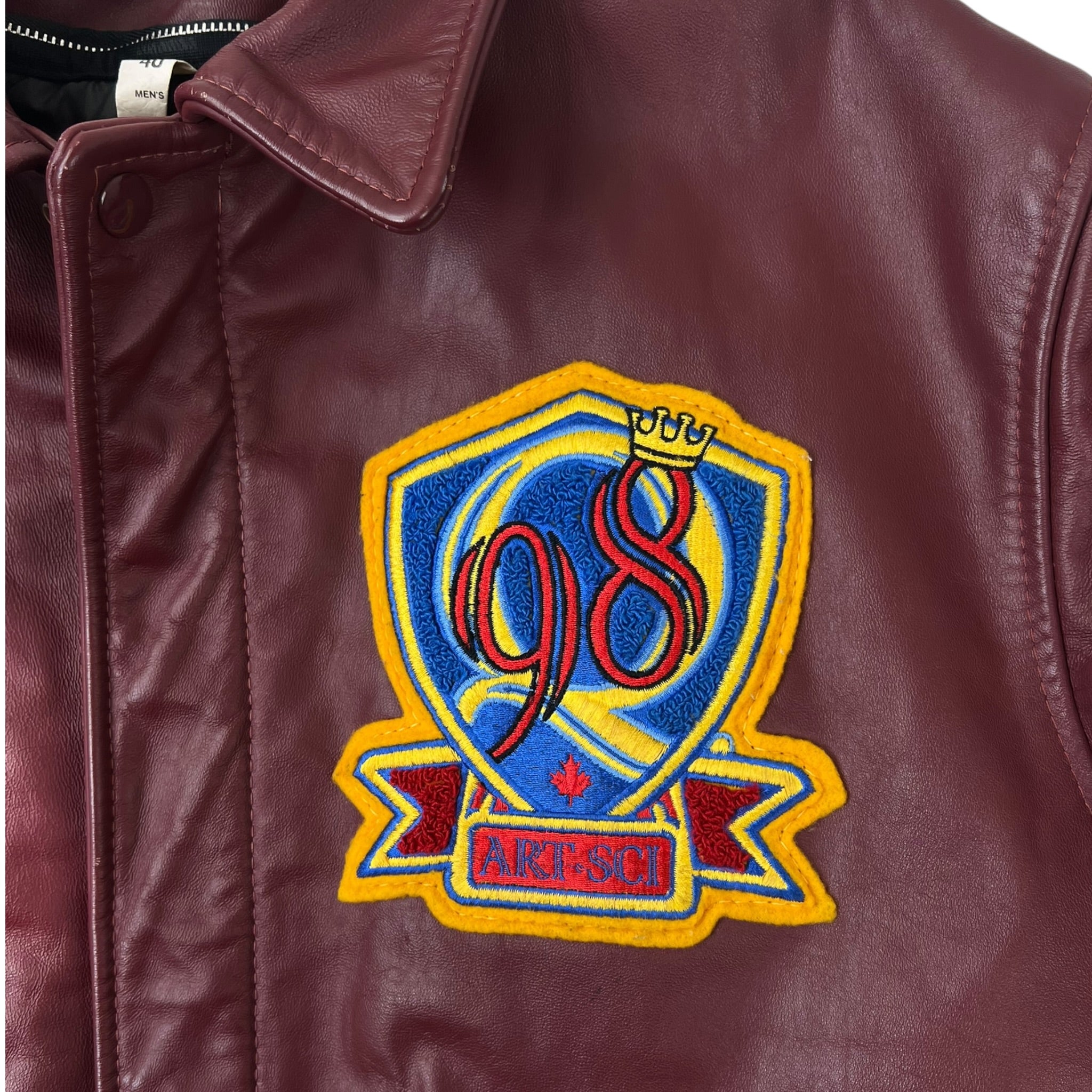 Vintage Queen's University Leather Environmental Geography Varsity Jacket Burgundy