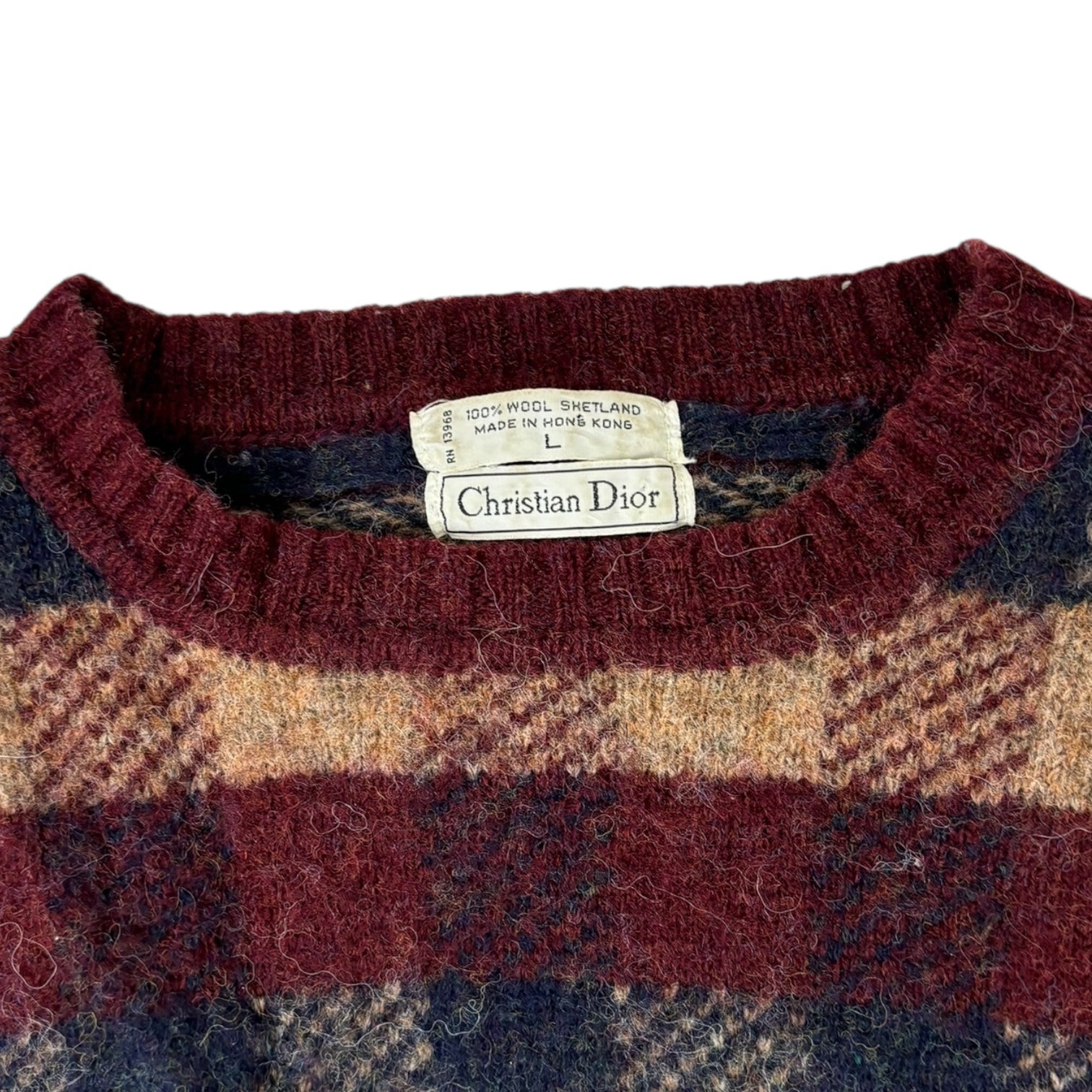 Vintage Christian Dior Wool Plaid Knit Sweater Burgundy