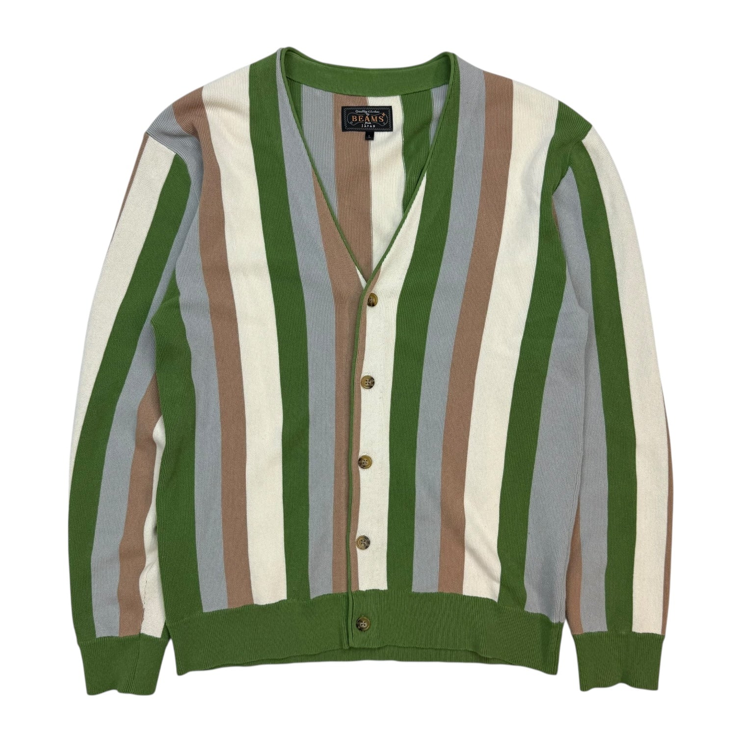 Beams Plus Striped Cotton Cardigan Green