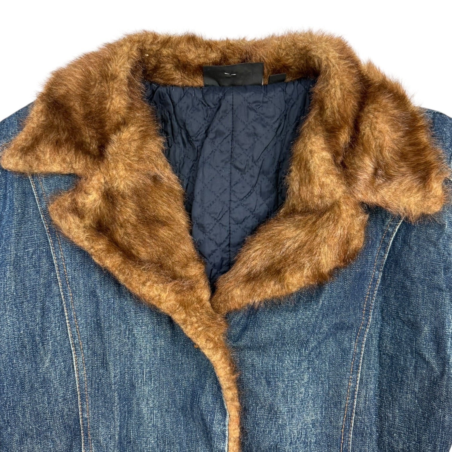 (W) Vintage Faux Fur Denim Trench Coat Medium Wash