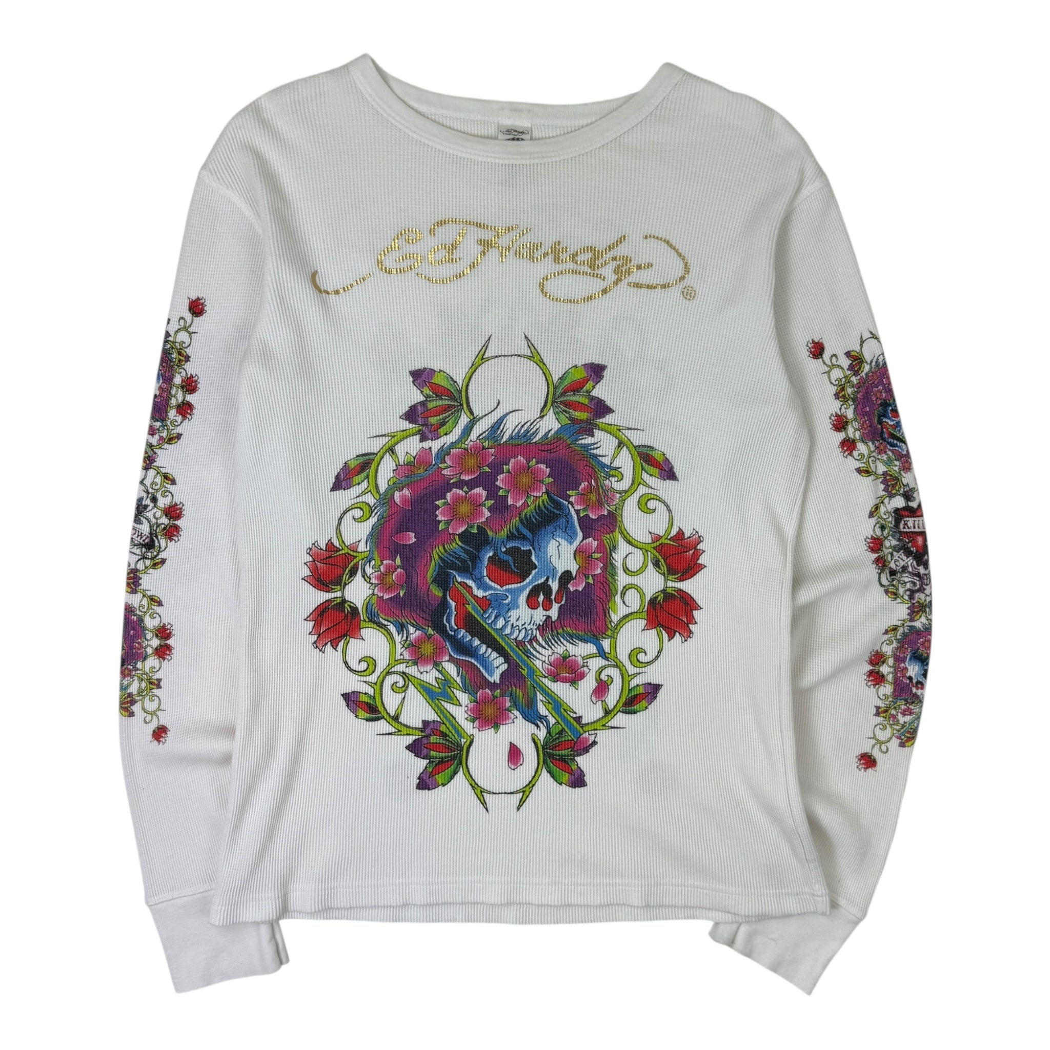 Vintage Y2K Ed Hardy Floral Skull Thermal Longsleeve White