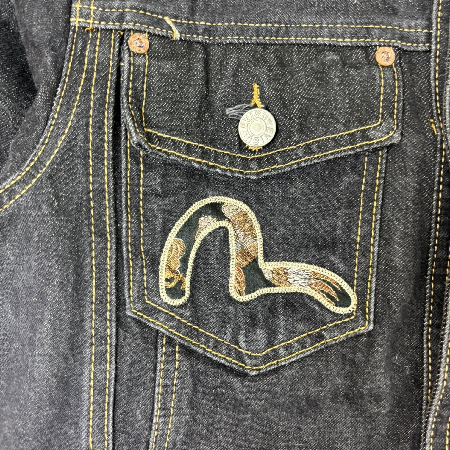 Evisu Embroidered Brocade Seagull Denim Jacket Dark Wash