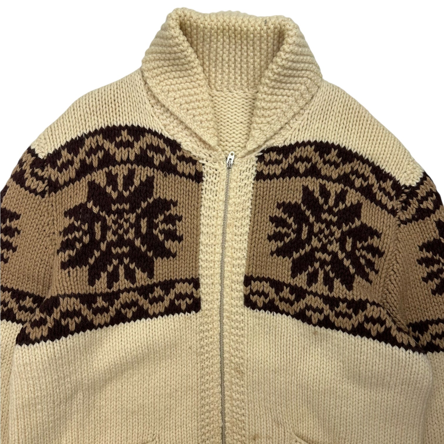 Vintage Hand Knit Wool Cowichan Siwash Snowflake Full Zip Jacket Brown/Beige