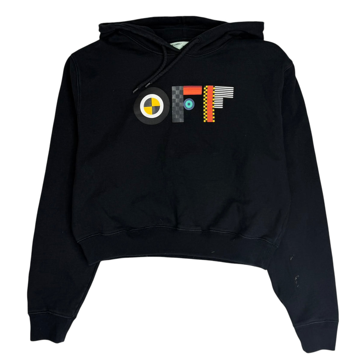 (W) Off White Flags Cropped Hooded Sweatshirt Black