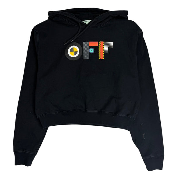(W) Off White Flags Cropped Hooded Sweatshirt Black