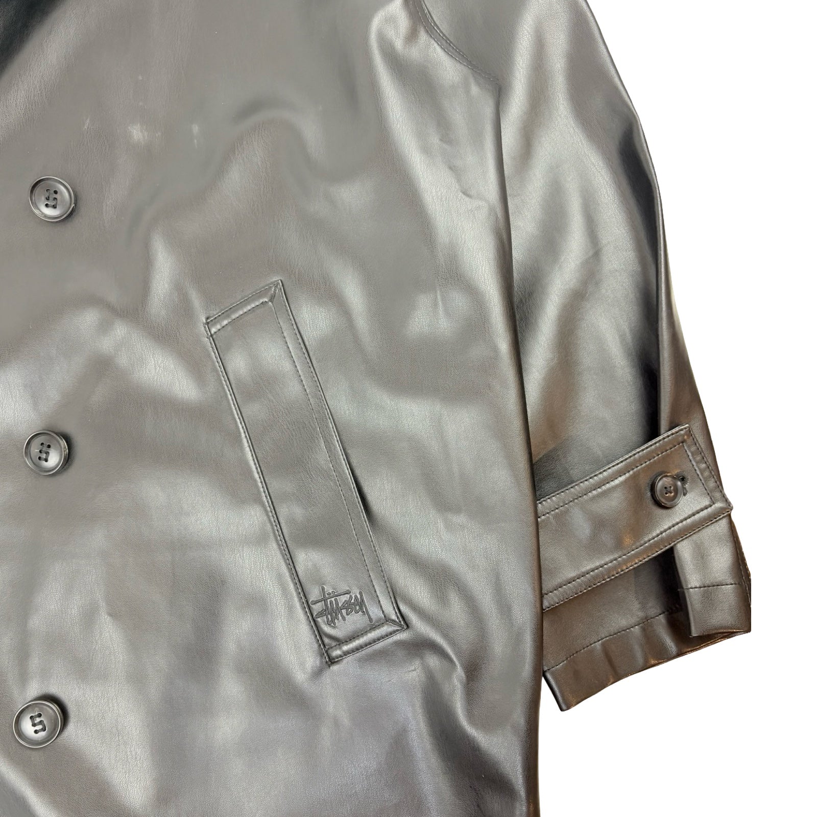 Stussy Double Breasted Leather Trench Coat Black