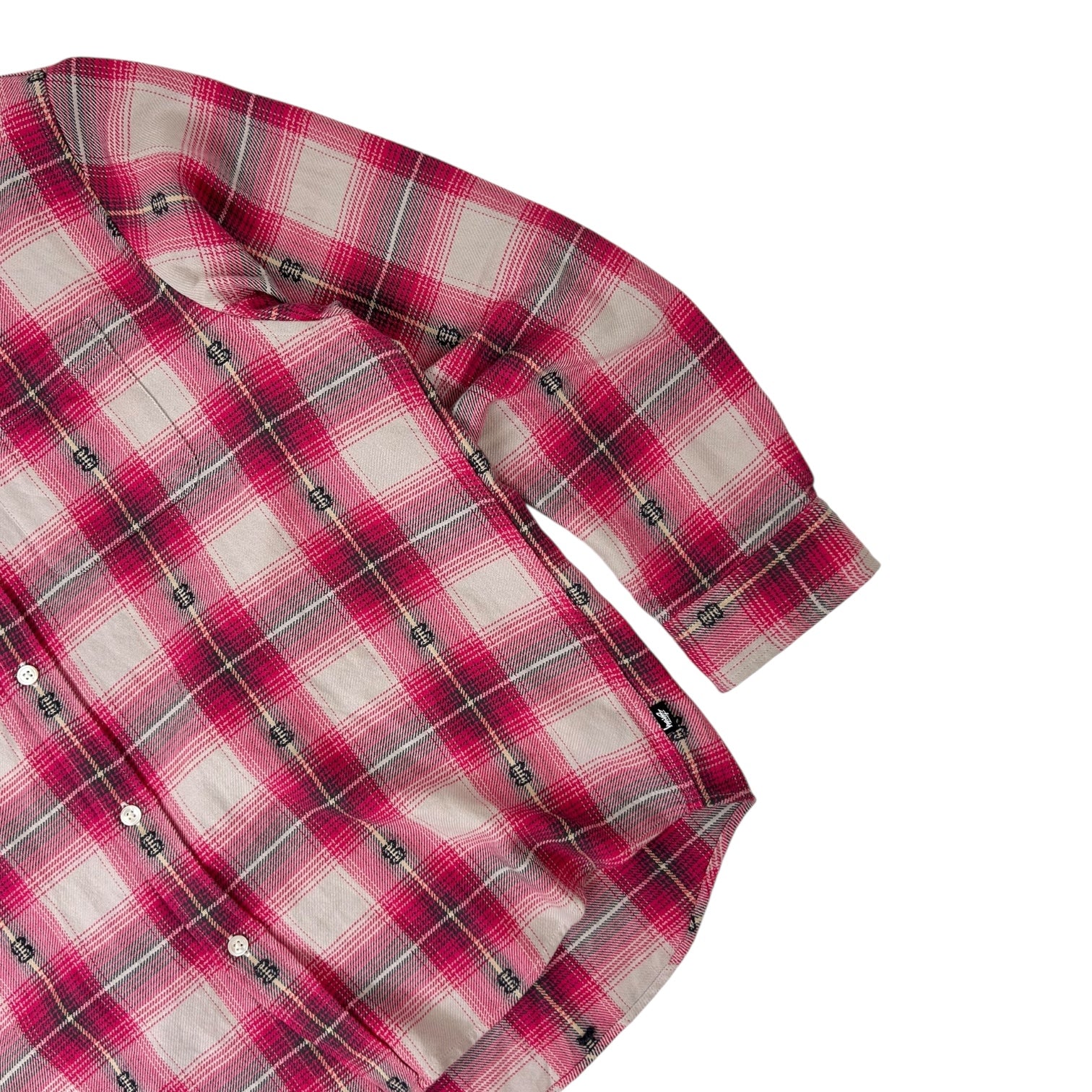 Stussy Motif Plaid Long Sleeve Button Up Flannel Shirt Pink/White