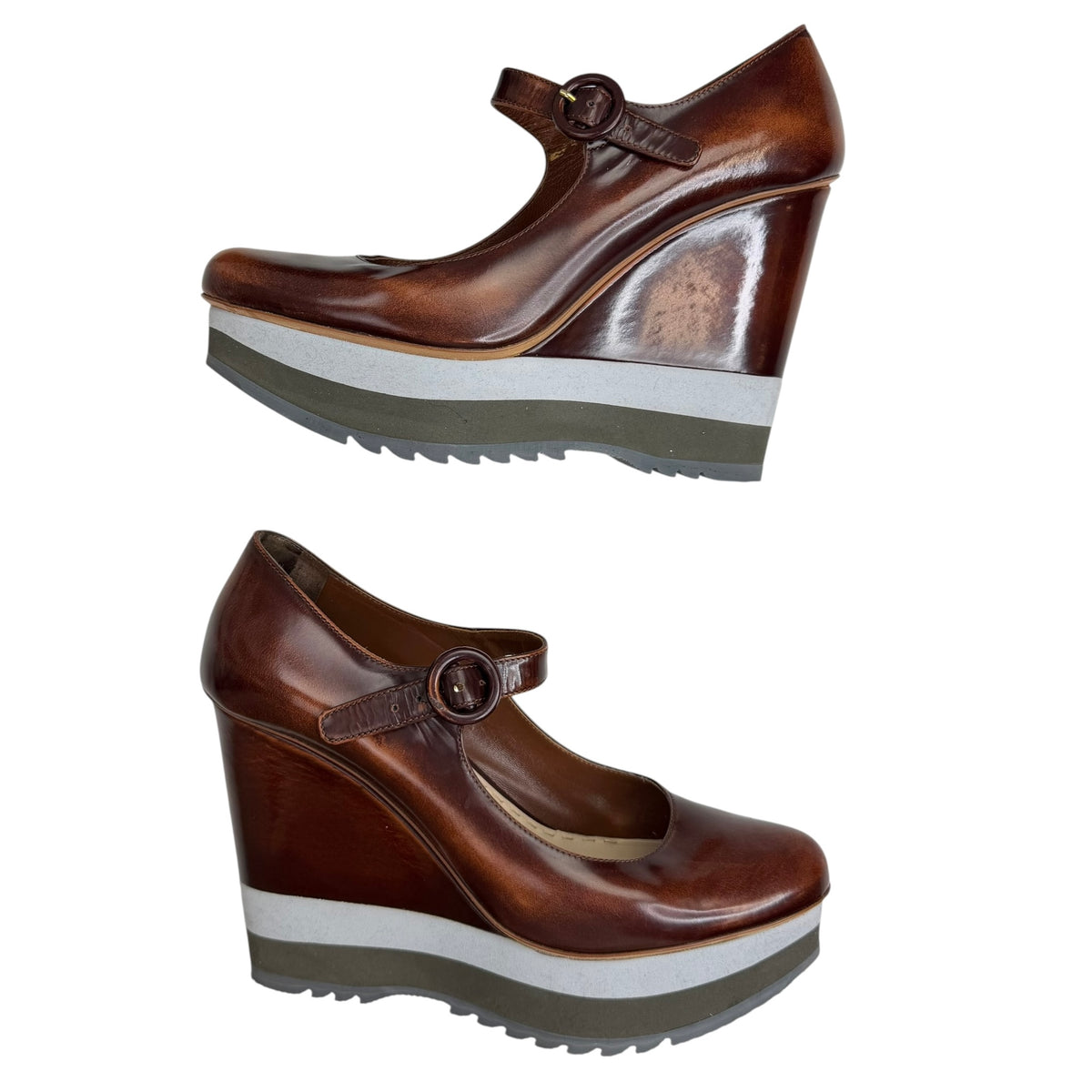 (W) Prada Leather Stepped Sole Wedge Heel Pump Brown (Used)