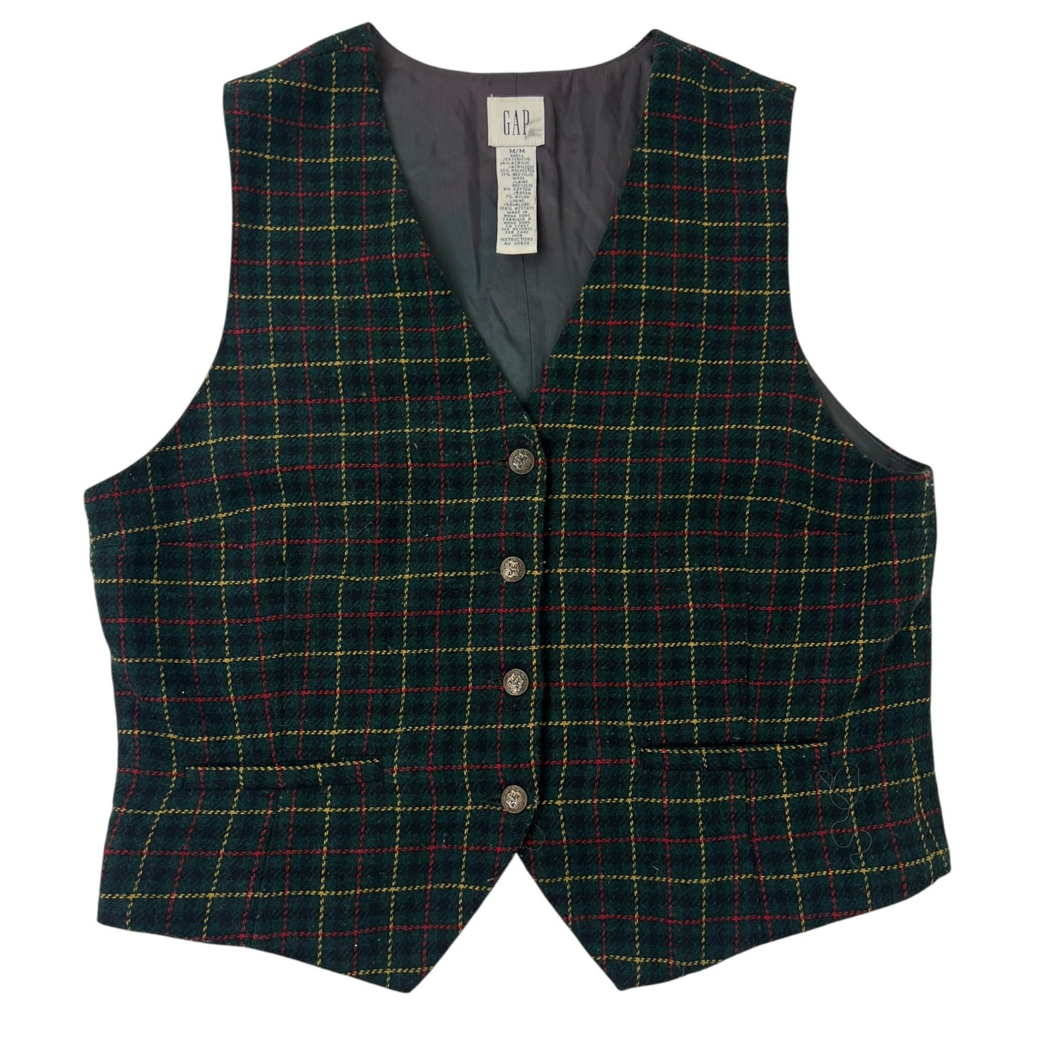 (W) Vintage Gap Plaid Button Up Vest Green Tartan Pattern