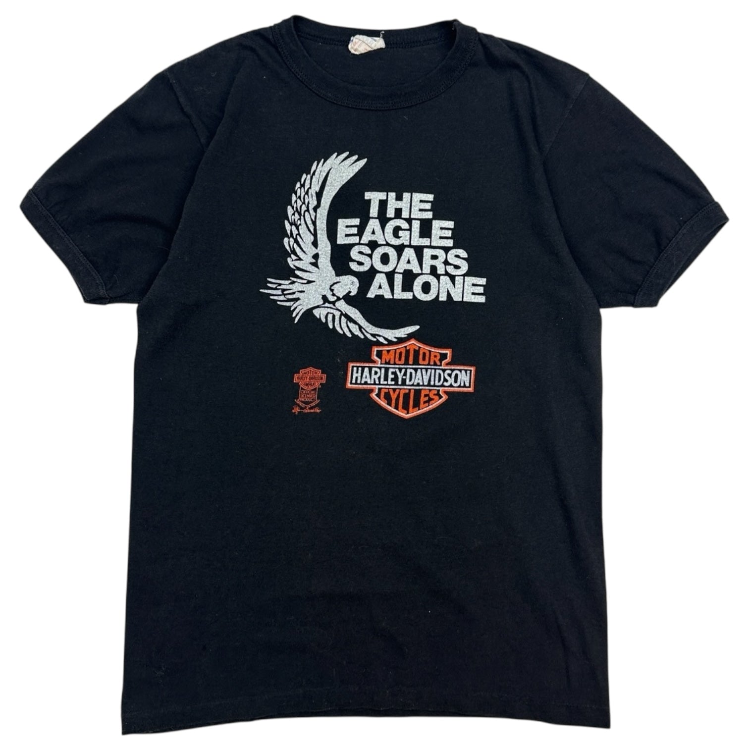 Vintage 1980's Harley Davidson The Eagle Soars Alone Ringer T-Shirt Black