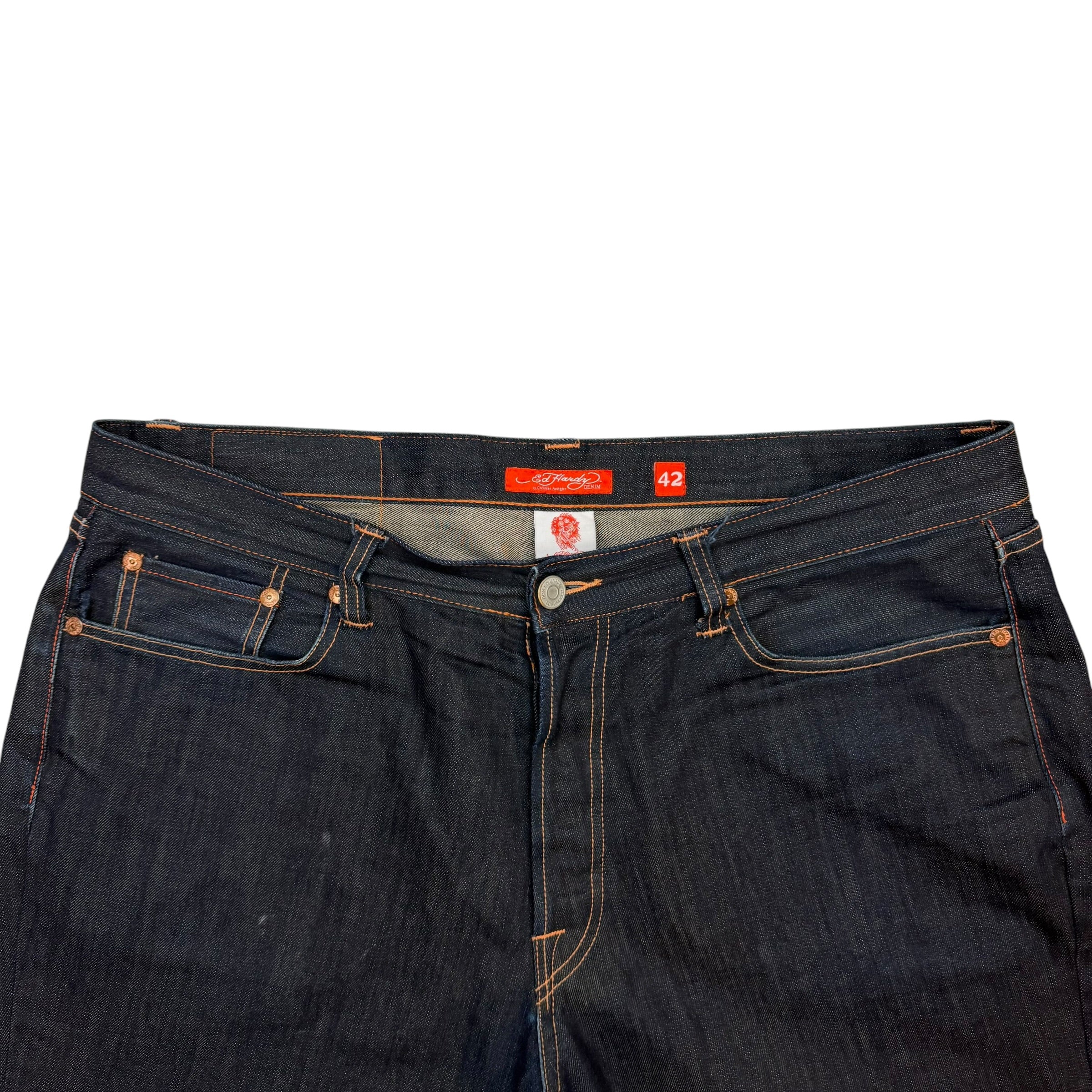 Vintage Ed Hardy Embroidered Raw Denim Jeans Indigo