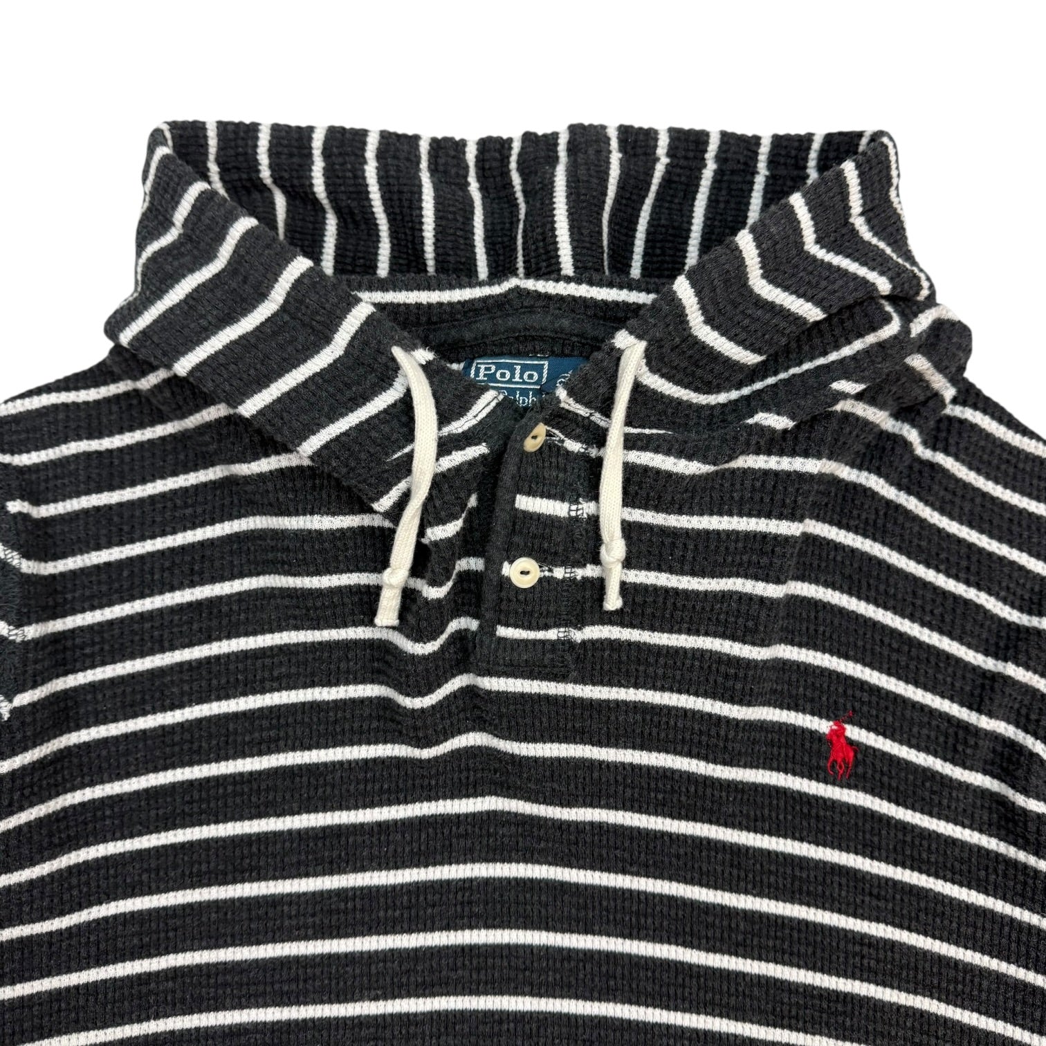 Vintage Polo Ralph Lauren Striped Waffle Knit Thermal Hoodie Black/White