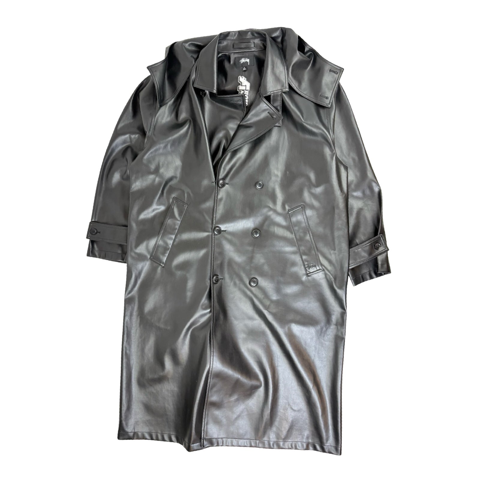 Stussy Double Breasted Leather Trench Coat Black