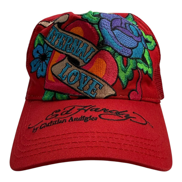 Vintage Ed Hardy By Cristian Audiger Embroidered Trucker Hat Red