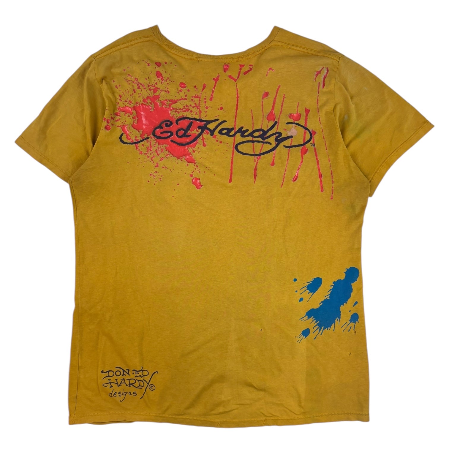 Vintage Y2K Ed Hardy Splatter Skull T-Shirt Yellow