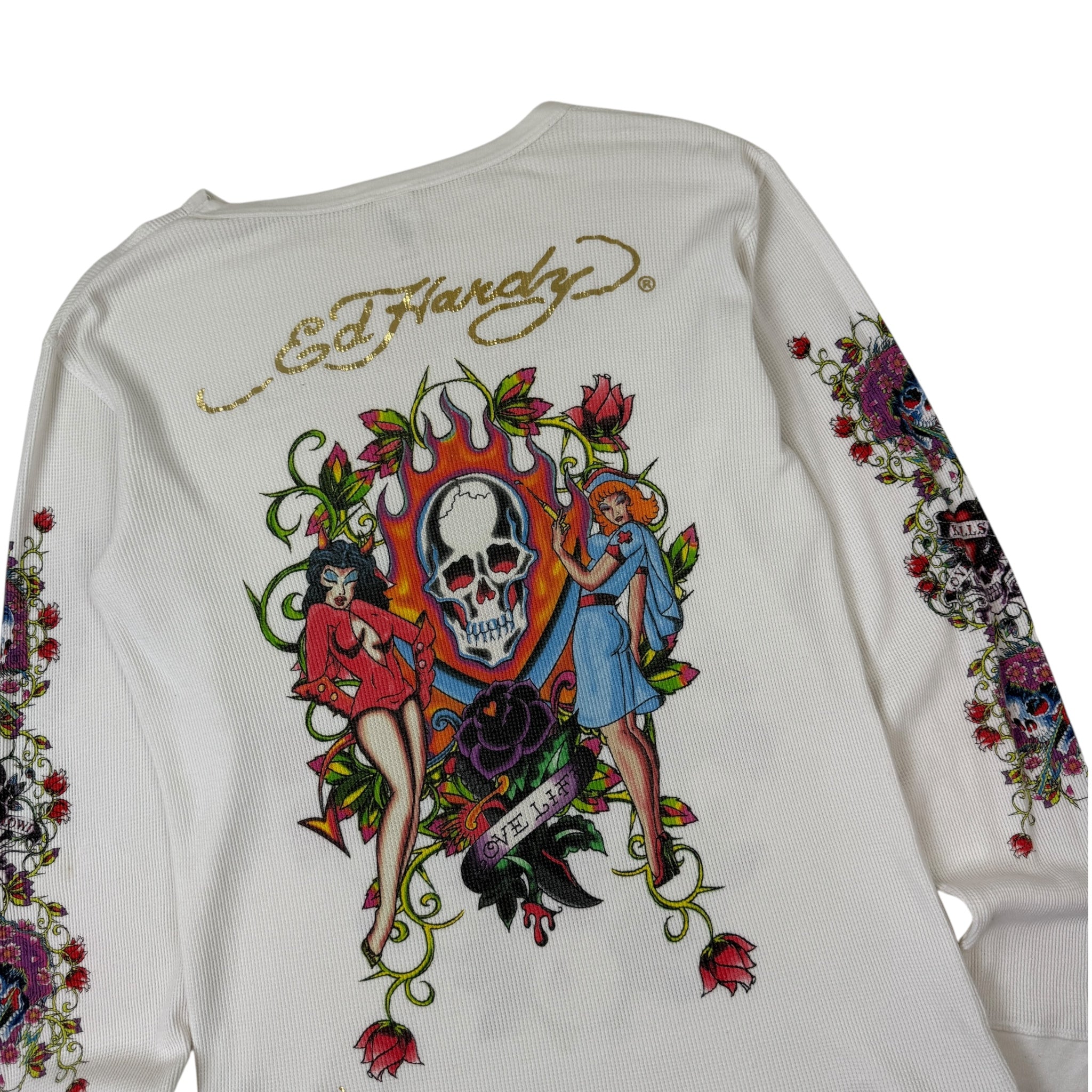 Vintage Y2K Ed Hardy Floral Skull Thermal Longsleeve White