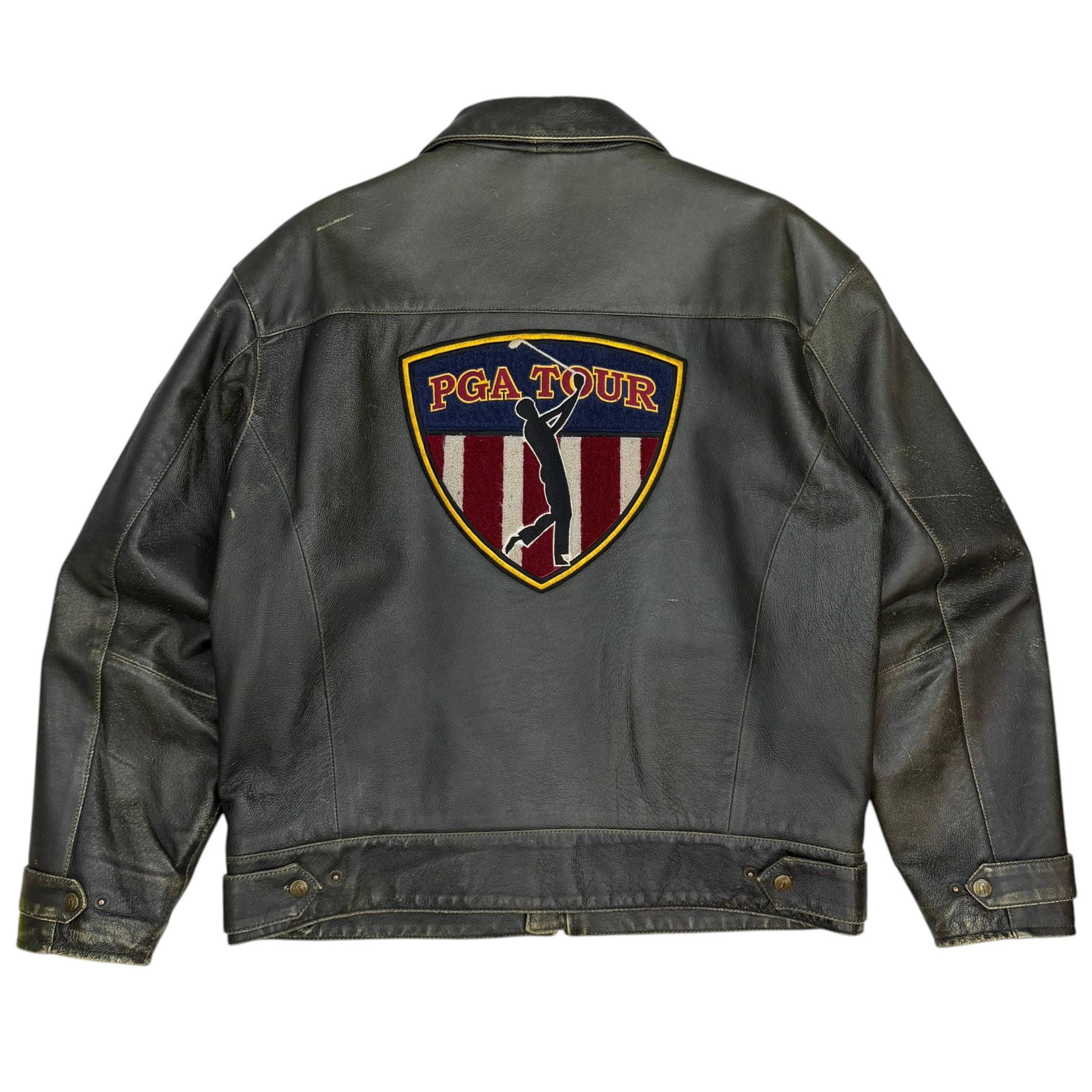 Vintage PGA Tour Partners Club Chenille Leather Jacket Black