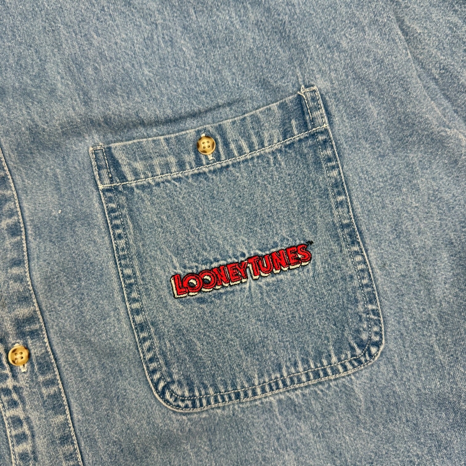 1993 Looney Tunes Denim Button Up Shirt Light Blue
