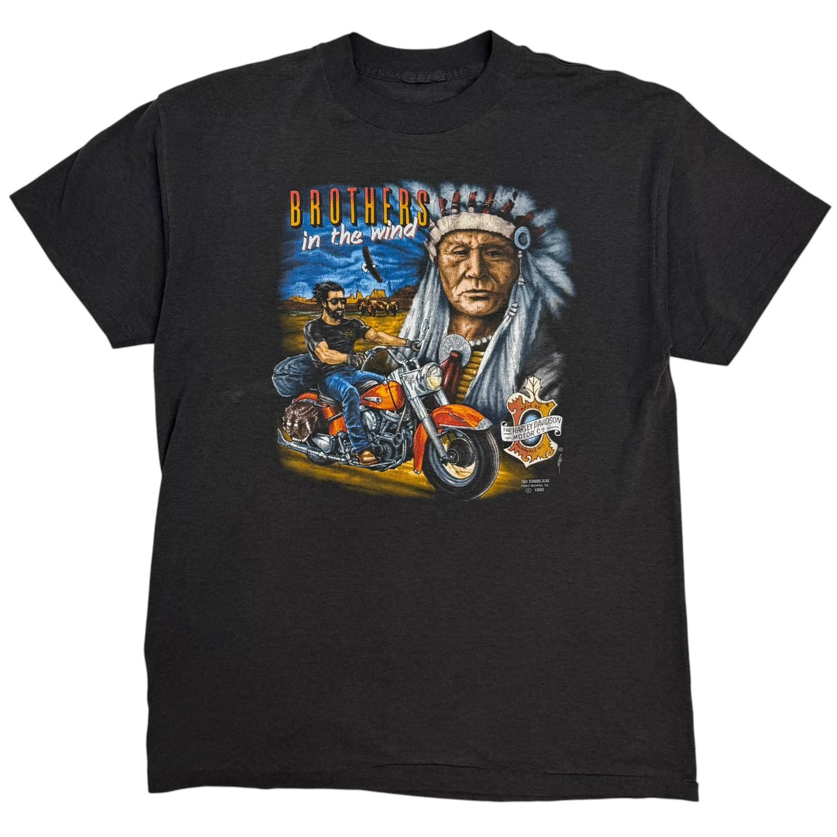1990 Harley Davidson Brothers In The Wind 3D Emblem Tee Faded Black