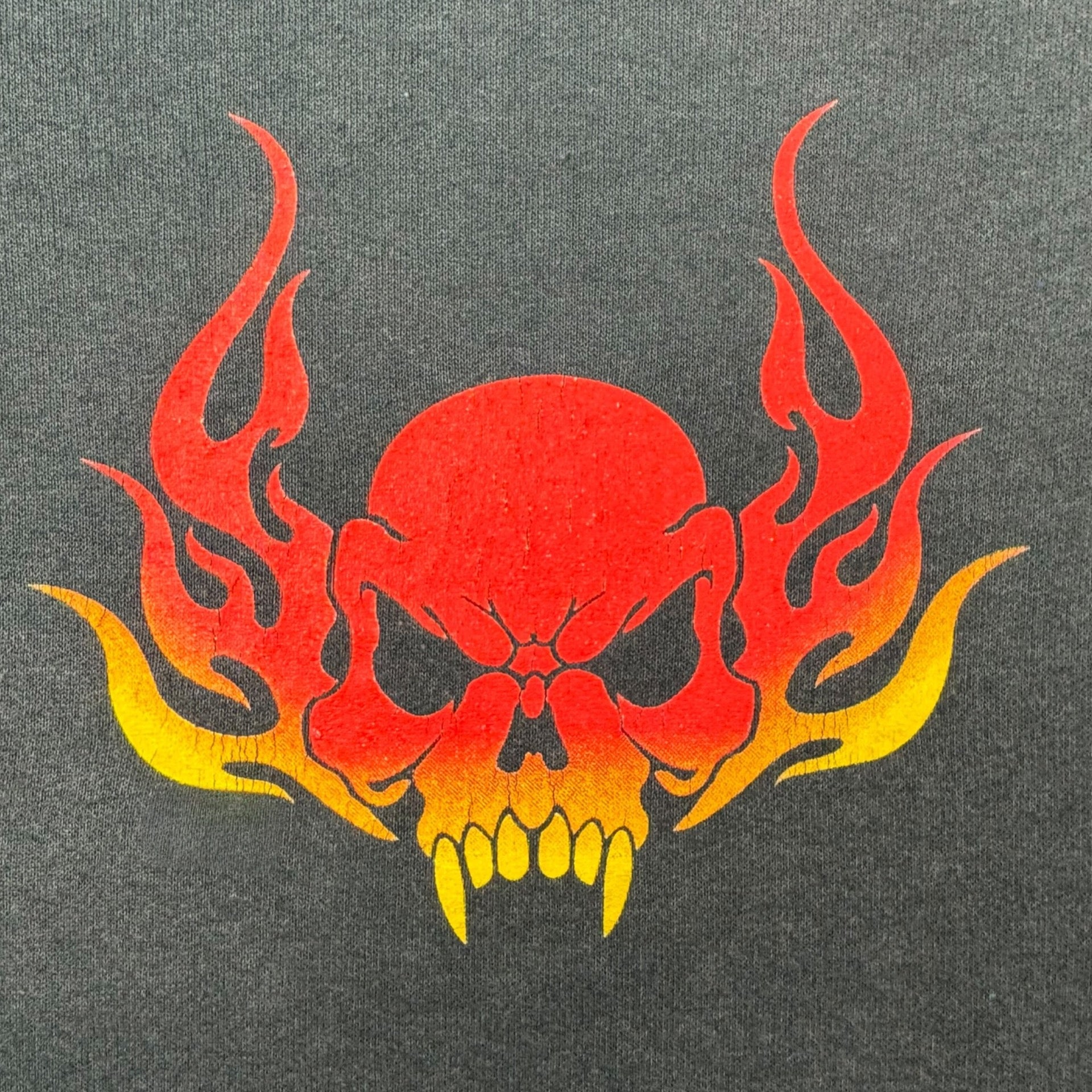 Vintage Y2K Flame Skull Hoodie Faded Black